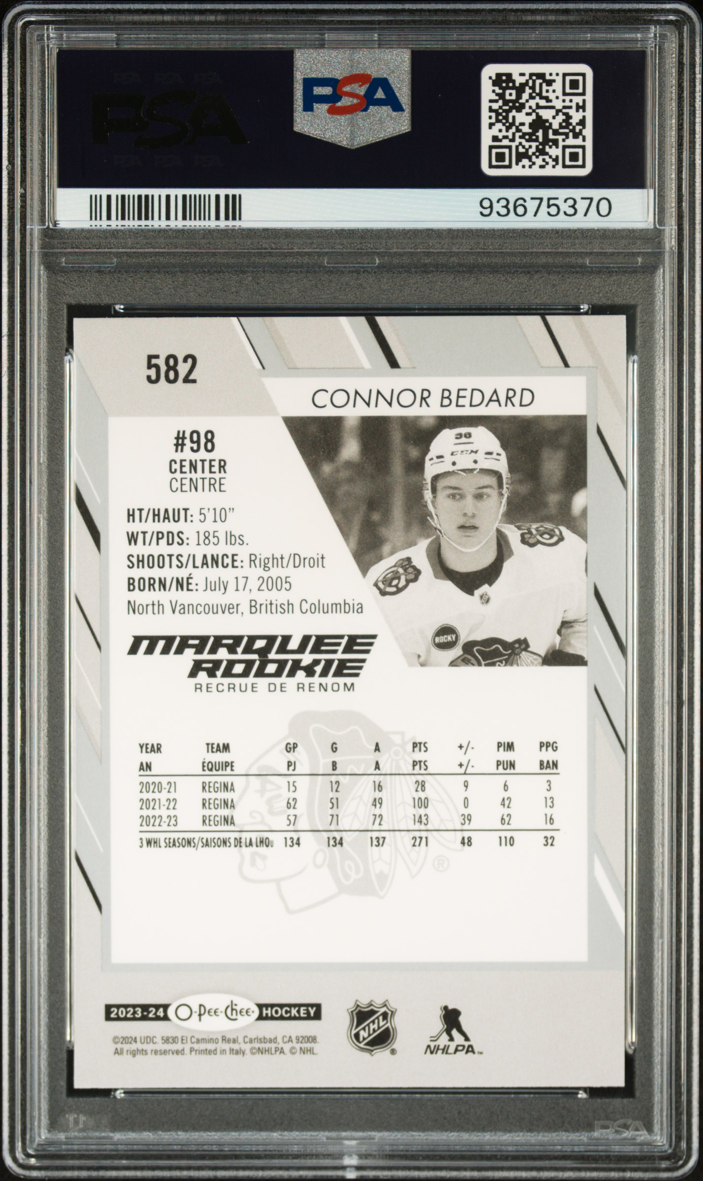 2023 Upper Deck O-Pee-Chee Connor Bedard #582 Gem Mt 10 back