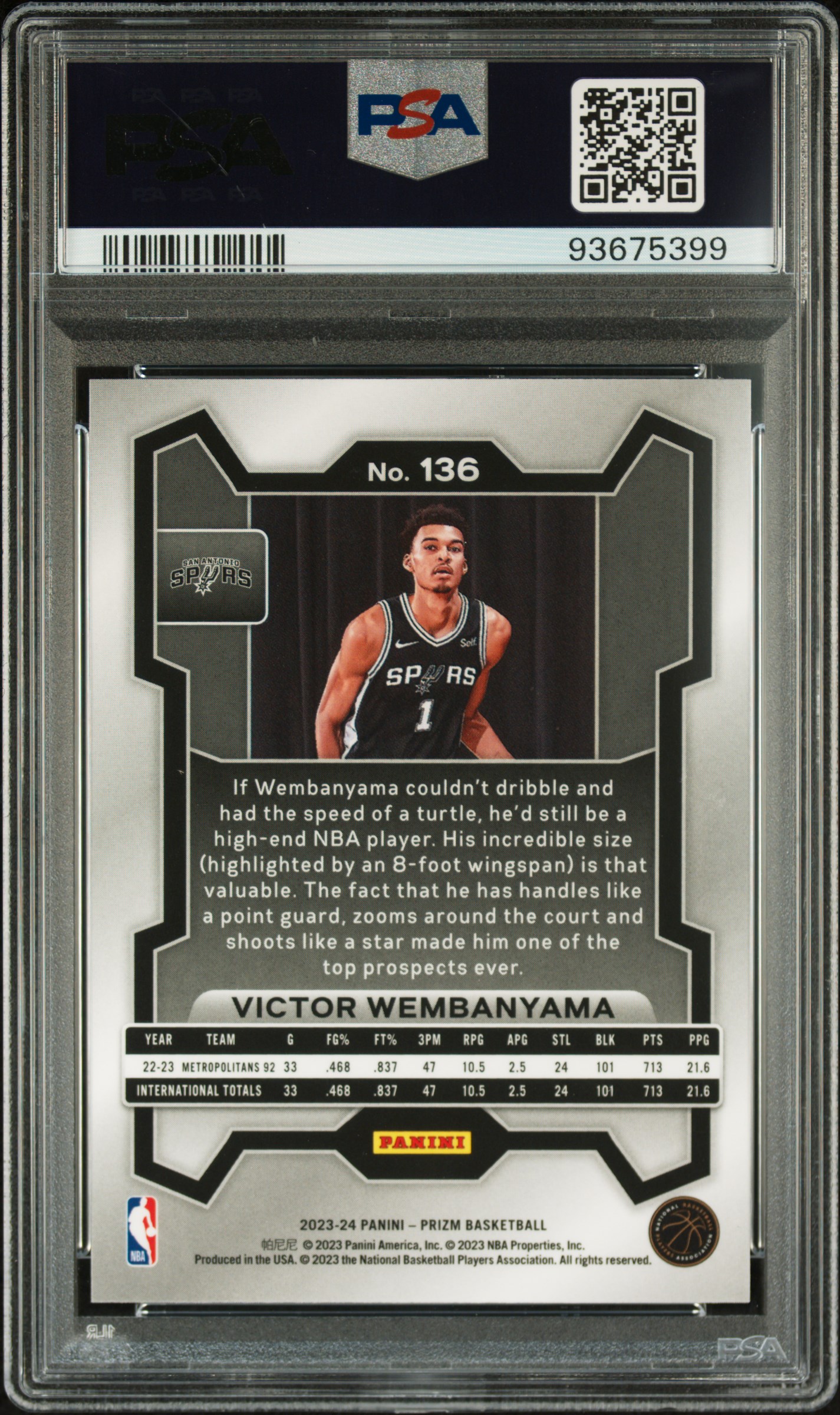 2023 Panini Prizm Victor Wembanyama #136 Mint 9 back