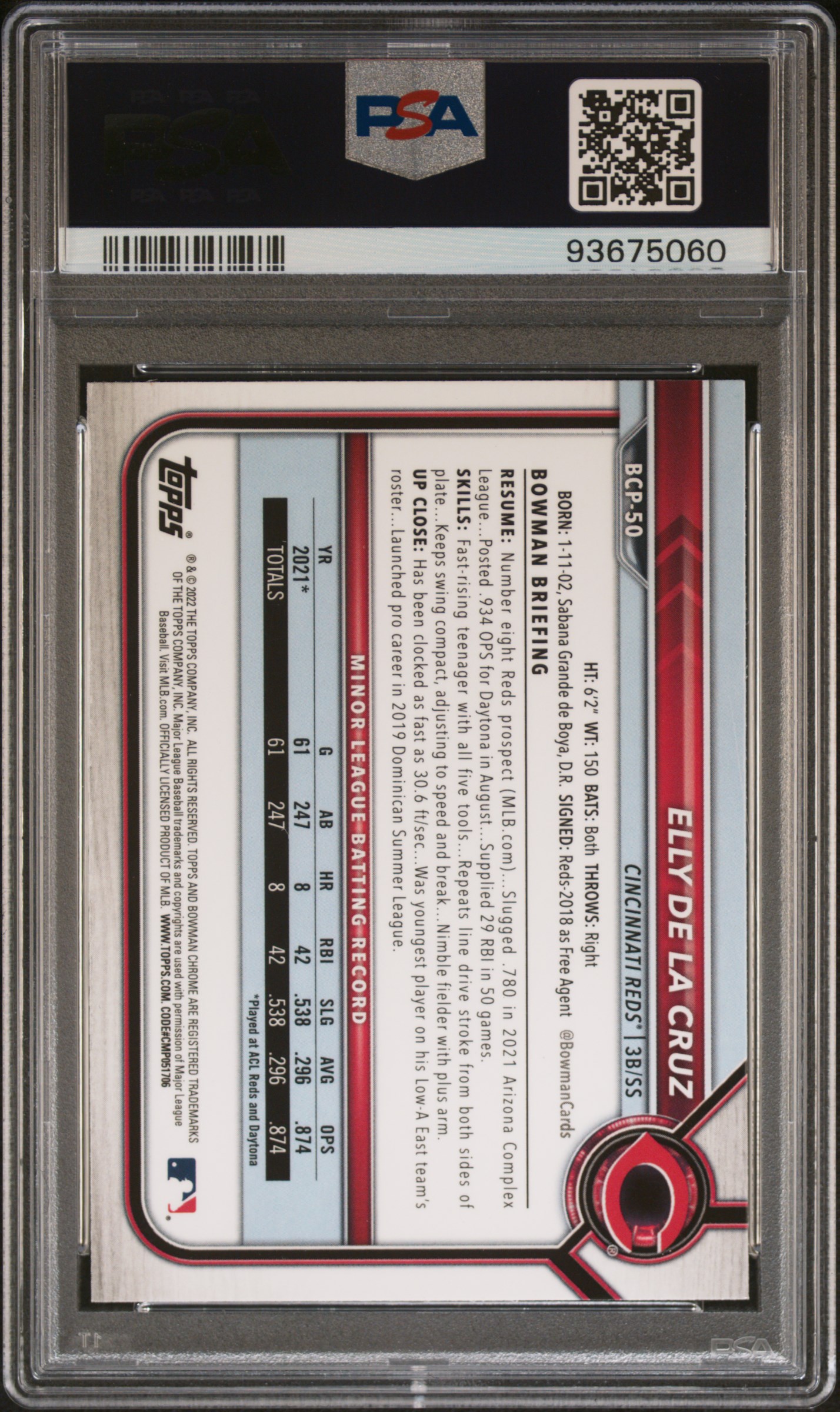 2022 Bowman Chrome Prospects Elly De La Cruz #Bcp50 (Chrome Prospects) Gem Mt 10 back