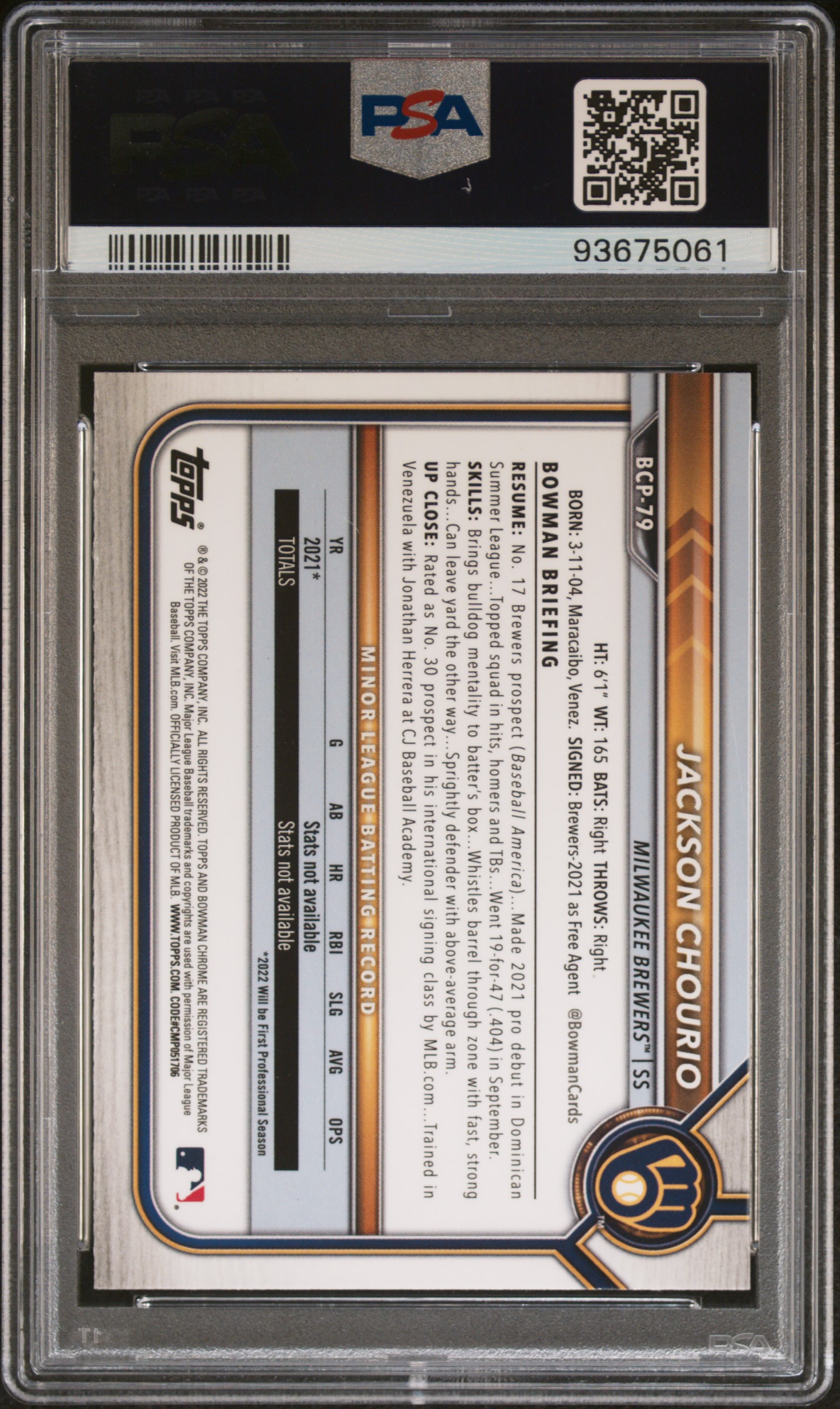 2022 Bowman Chrome Prospects Jackson Chourio #Bcp79 (Chrome Prospects) Mint 9 back