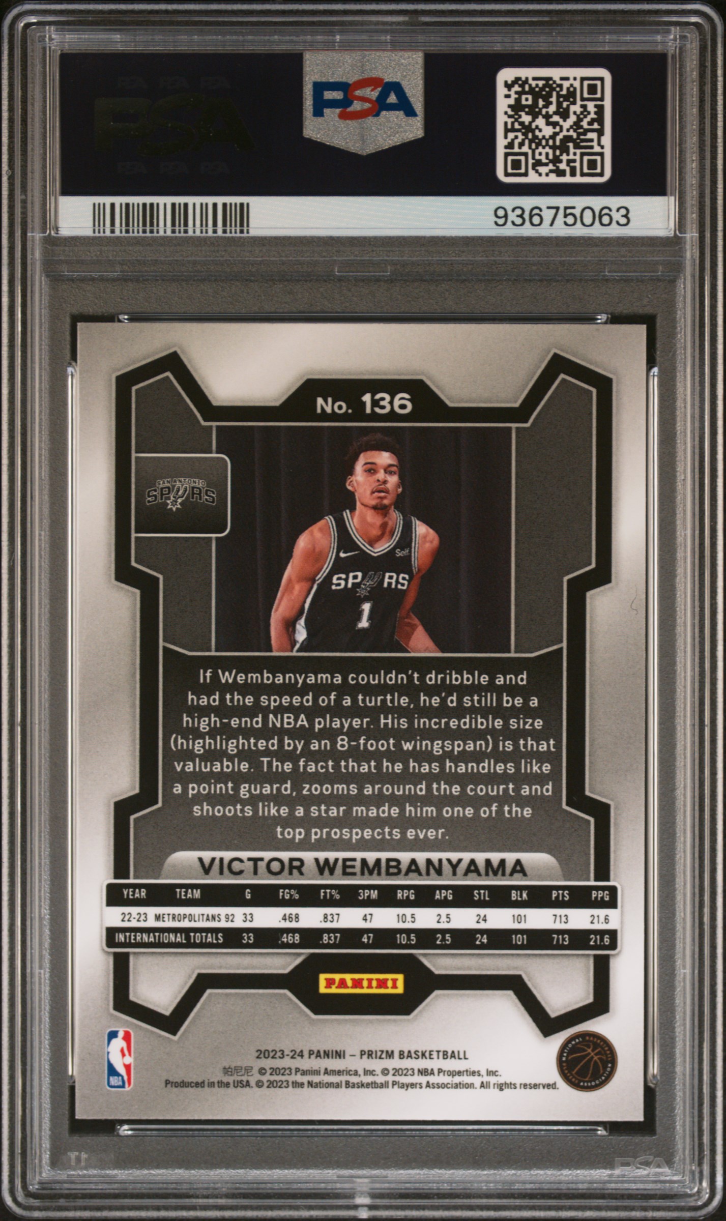 2023 Panini Prizm Victor Wembanyama #136 Mint 9 back