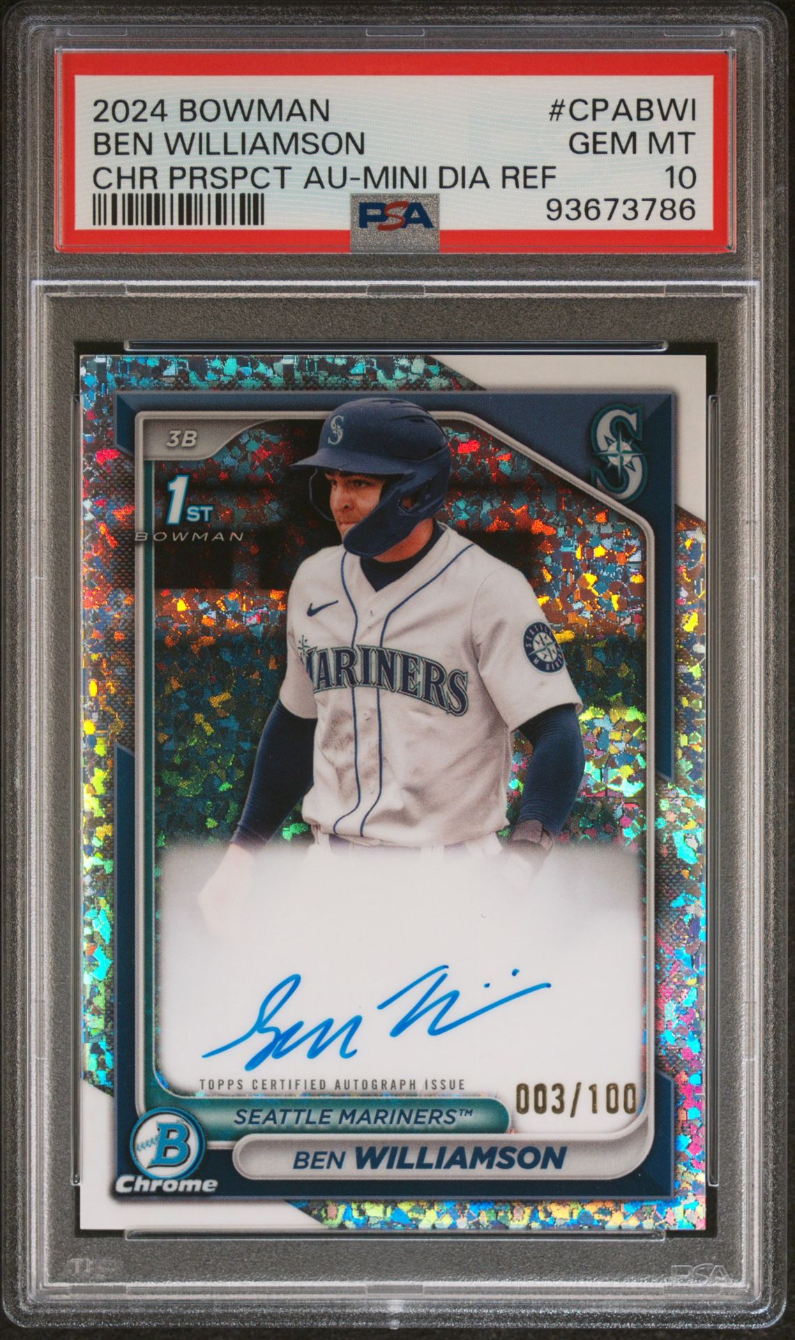 2024 Bowman Chrome Prospect Autographs Ben Williamson #Cpabwi (Chr Prspct Au-Mini Dia Ref) Gem Mt 10 front view - PSA graded GEM MT 10