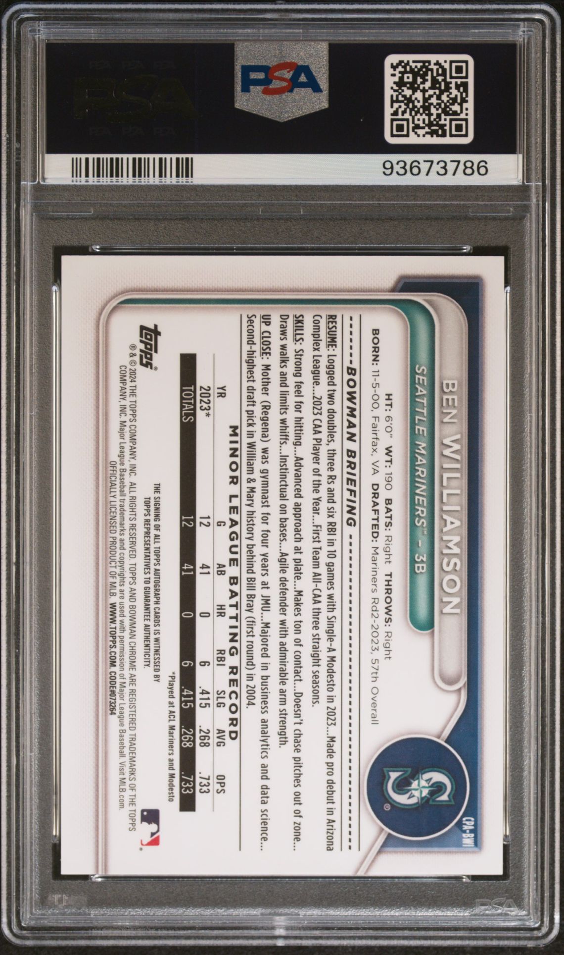 2024 Bowman Chrome Prospect Autographs Ben Williamson #Cpabwi (Chr Prspct Au-Mini Dia Ref) Gem Mt 10 back view - PSA certificate #93673786