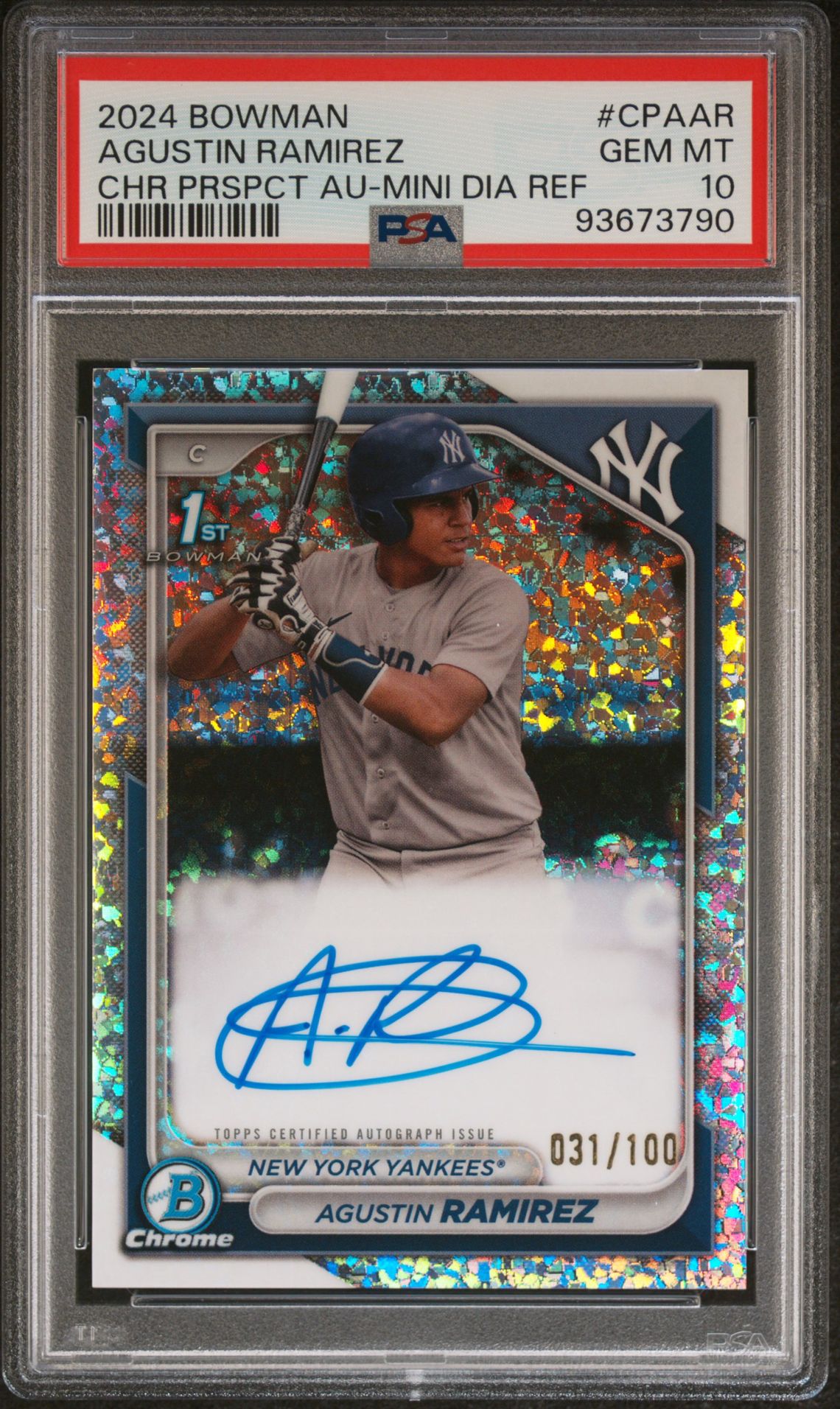 2024 Bowman Chrome Prospect Autographs Agustin Ramirez #Cpaar (Chr Prspct Au-Mini Dia Ref) Gem Mt 10 front view - PSA graded GEM MT 10