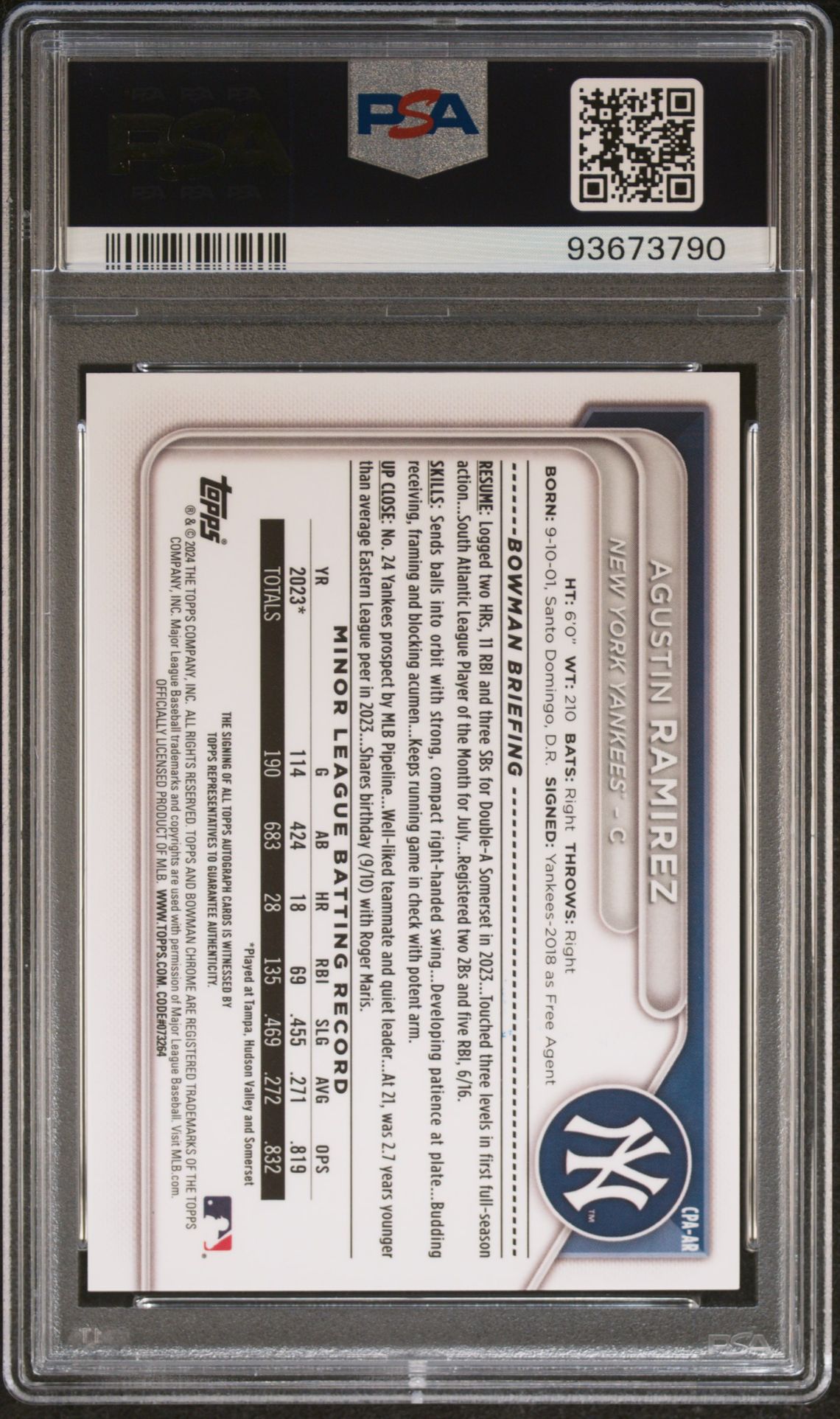 2024 Bowman Chrome Prospect Autographs Agustin Ramirez #Cpaar (Chr Prspct Au-Mini Dia Ref) Gem Mt 10 back view - PSA certificate #93673790