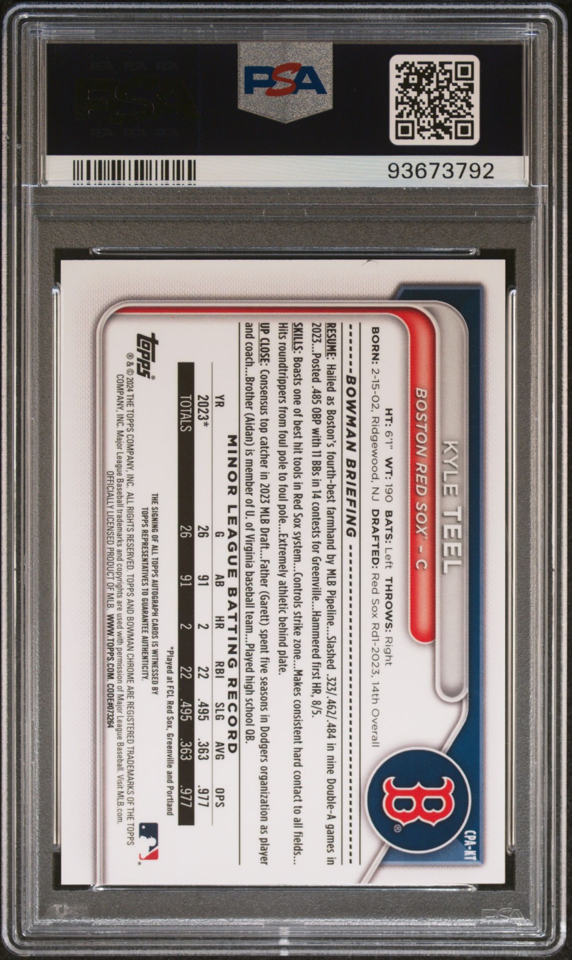 2024 Bowman Chrome Prospect Autographs Kyle Teel #Cpakt (Chr Prspct Au-Hta Grn Lava) Gem Mt 10 back view - PSA certificate #93673792