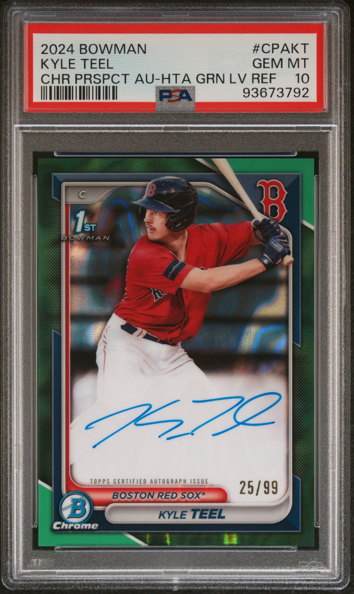2024 Bowman Chrome Prospect Autographs Kyle Teel #Cpakt (Chr Prspct Au-Hta Grn Lava) Gem Mt 10 front view - PSA graded GEM MT 10