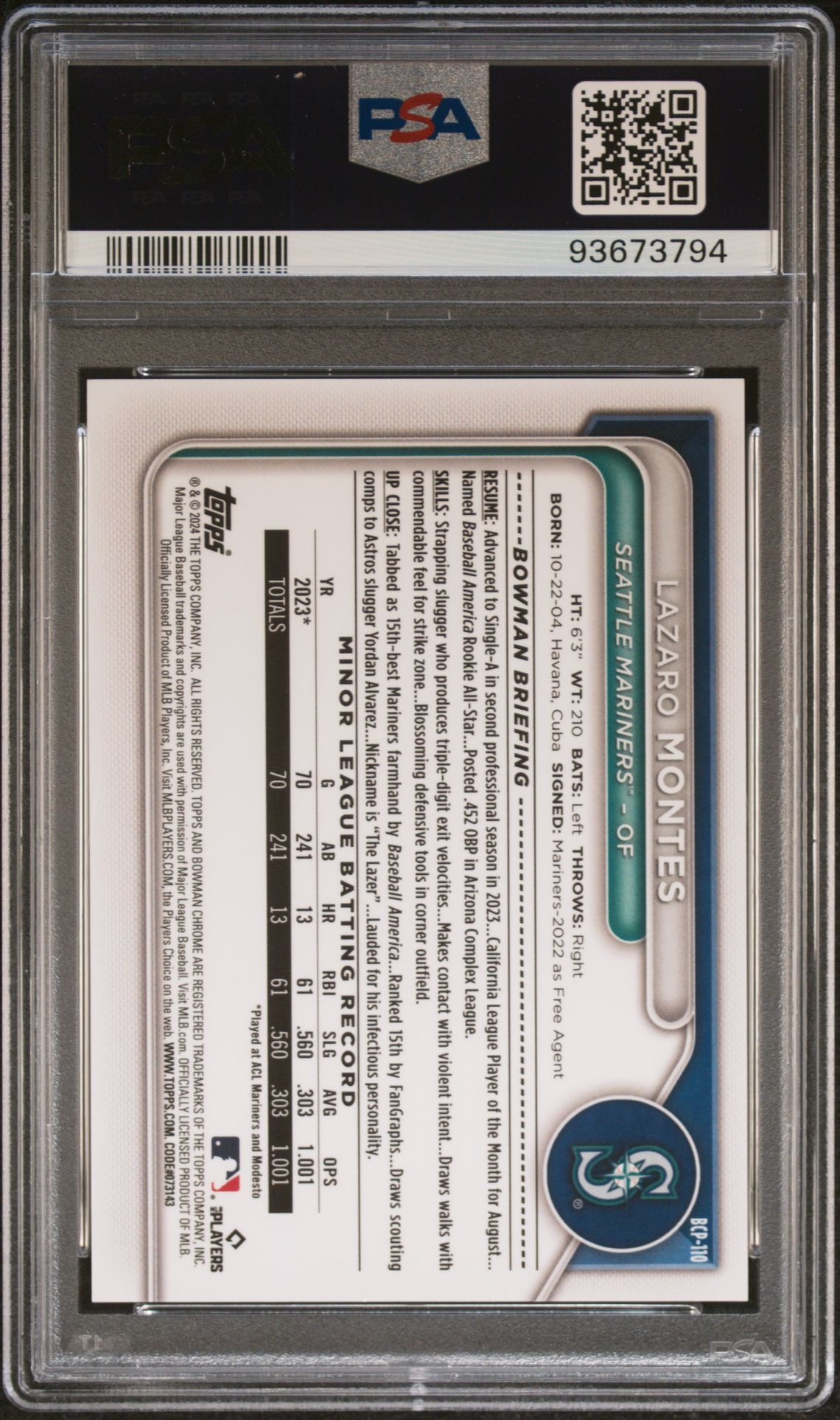 2024 BOWMAN CHROME PROSPECTS LAZARO MONTES CHROME PROSPECTS-BLACK REF BCP110 GEM MT 10 back