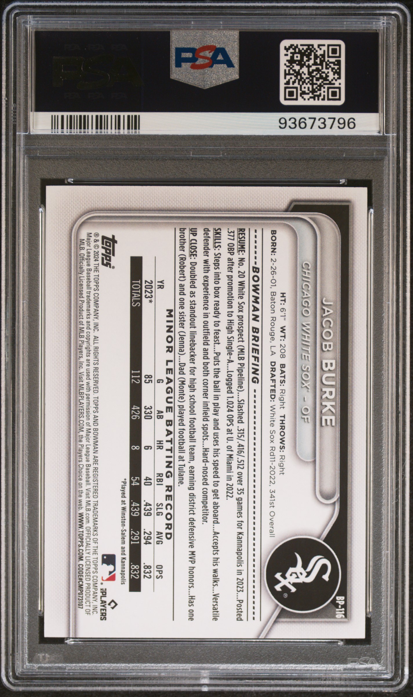 2024 Bowman Paper Prospects Jacob Burke #Bp116 (Paper Prospects-Red) Nm-Mt 8 back