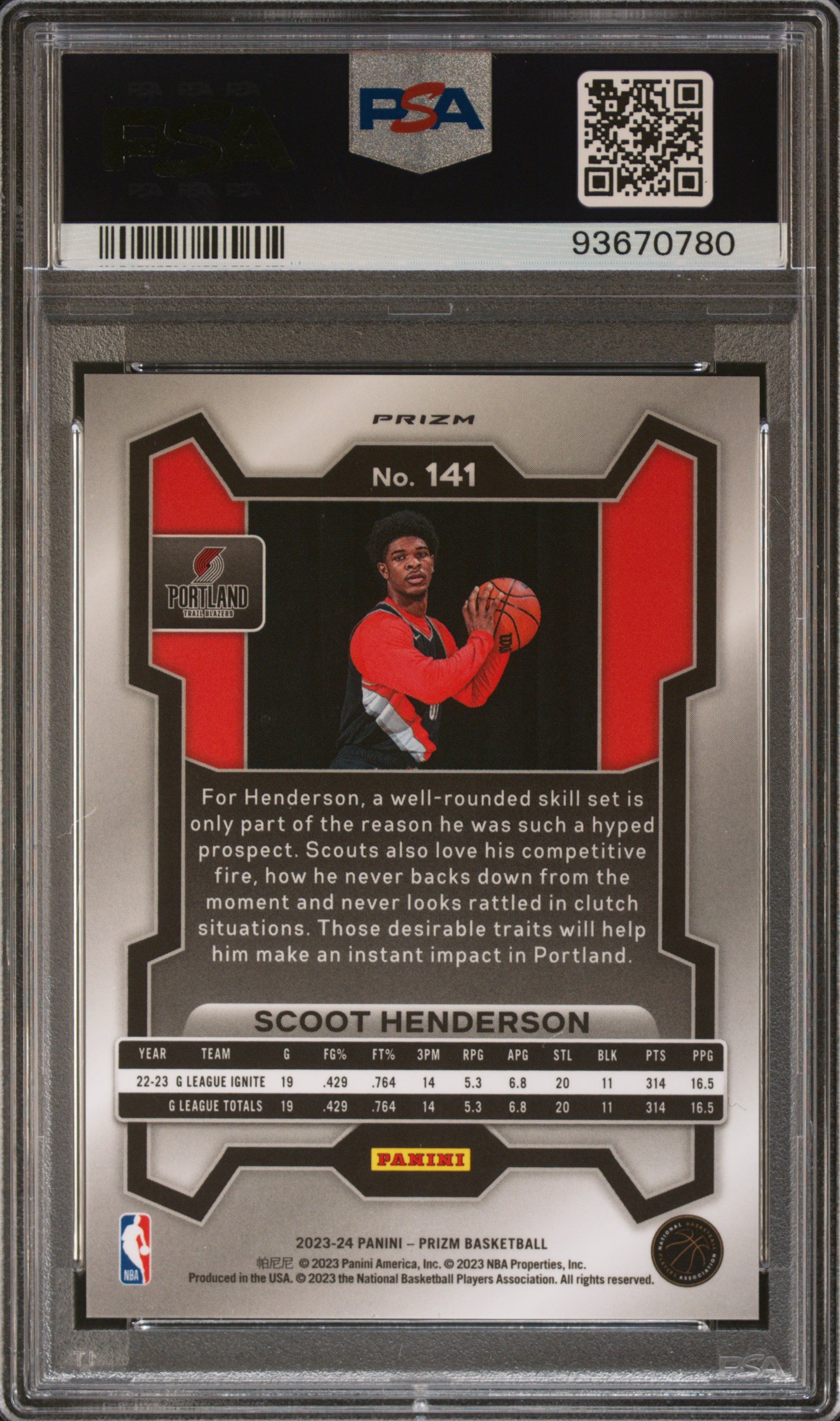 2023 Panini Prizm Scoot Henderson #141 (Glitter) Mint 9 back