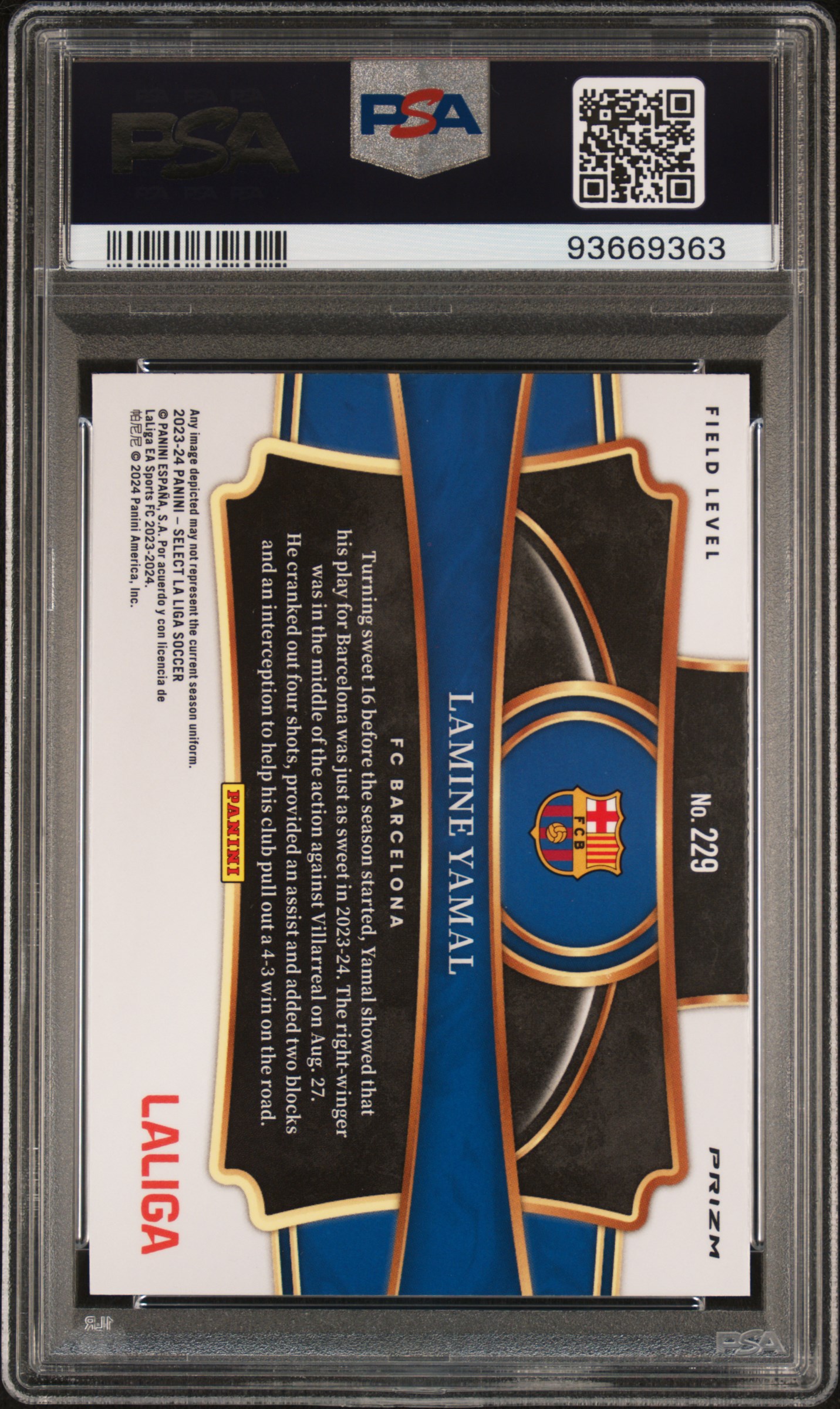 2023-24 Panini Select La Liga Lamine Yamal #229 (Purple Mojo) Gem Mt 10 back