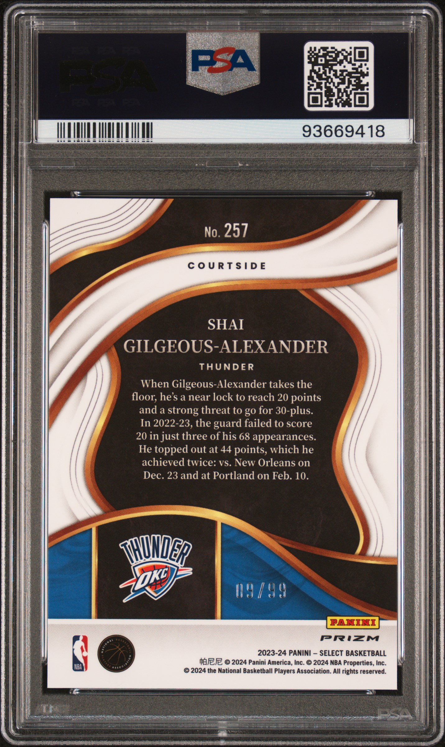 2023 Panini Select S. Gilgeous-Alexander #257 (Purple Cracked Ice) Gem Mt 10 back