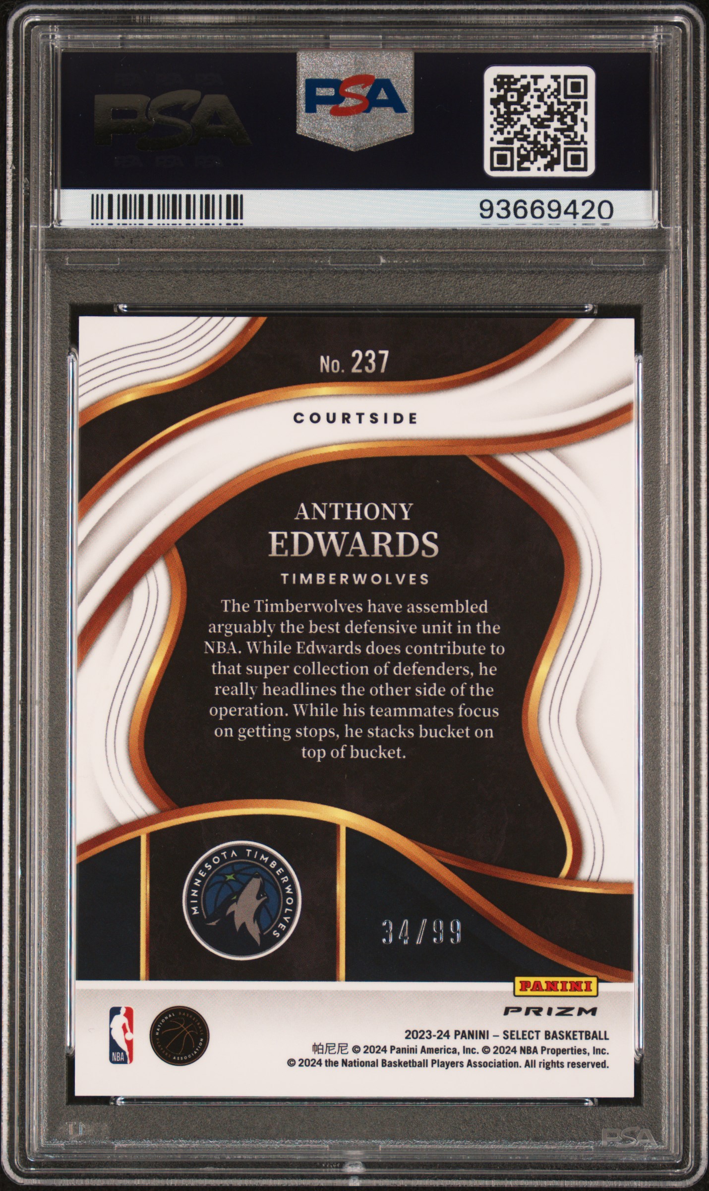 2023 Panini Select Anthony Edwards #237 (Purple Cracked Ice) Gem Mt 10 back