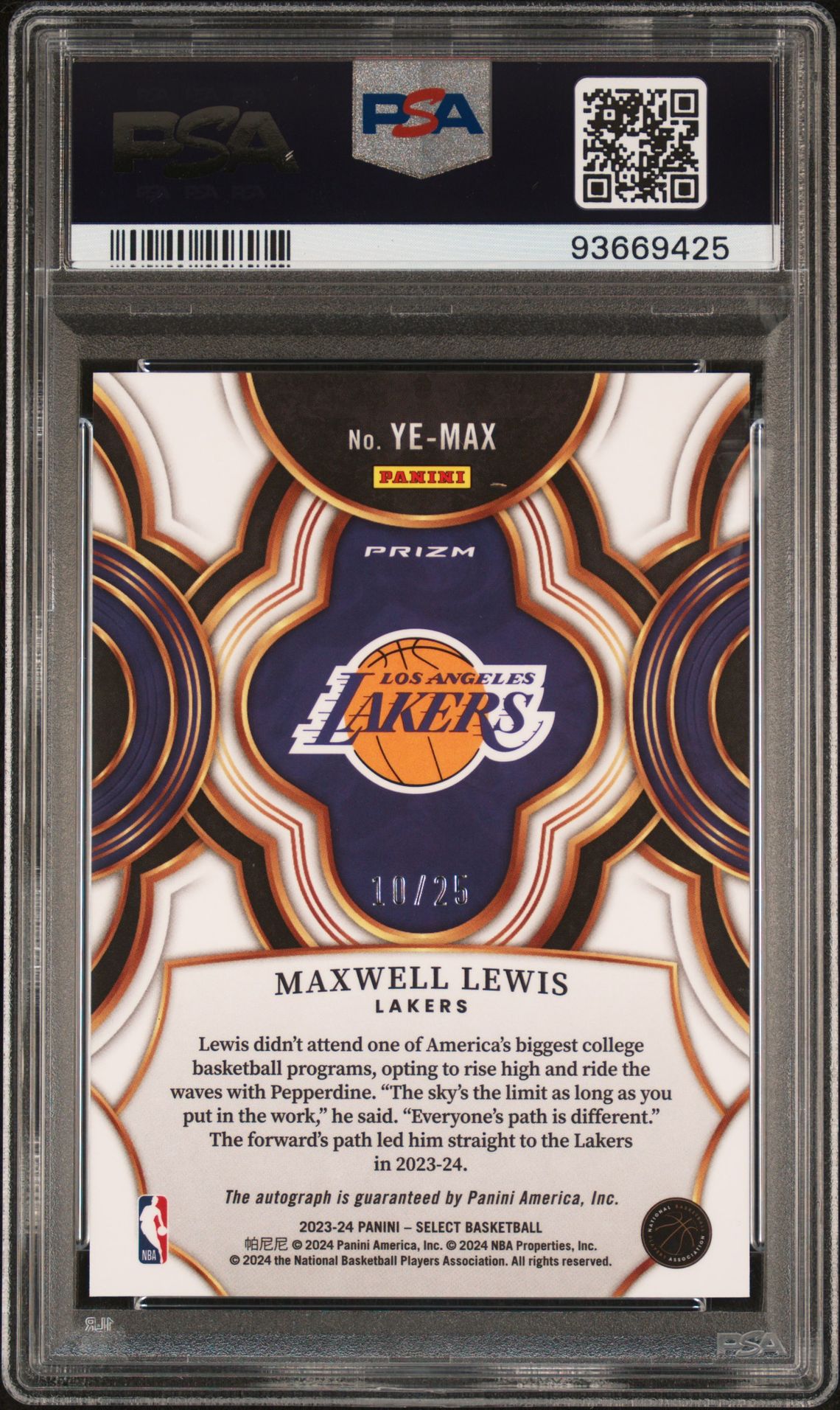 2023 Panini Select Youth Explosion Signatures Maxwell Lewis #Yemax (Ye Sig-Wht Cracked Ice Prizm) Gem Mt 10 back