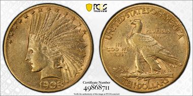 1908-D $10 Motto AU50