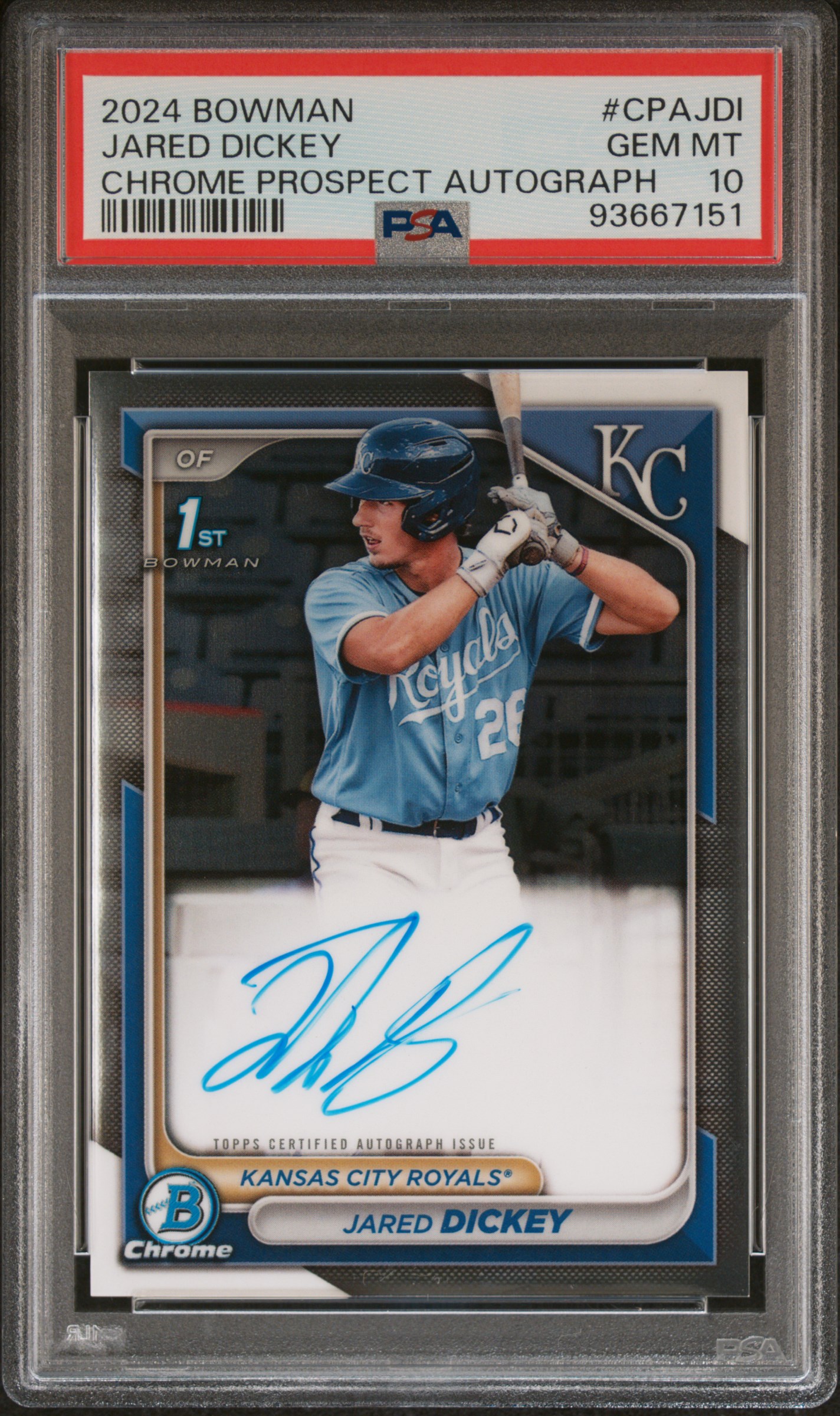 2024 Bowman Chrome Prospect Autographs Jared Dickey #Cpajdi Gem Mt 10 front