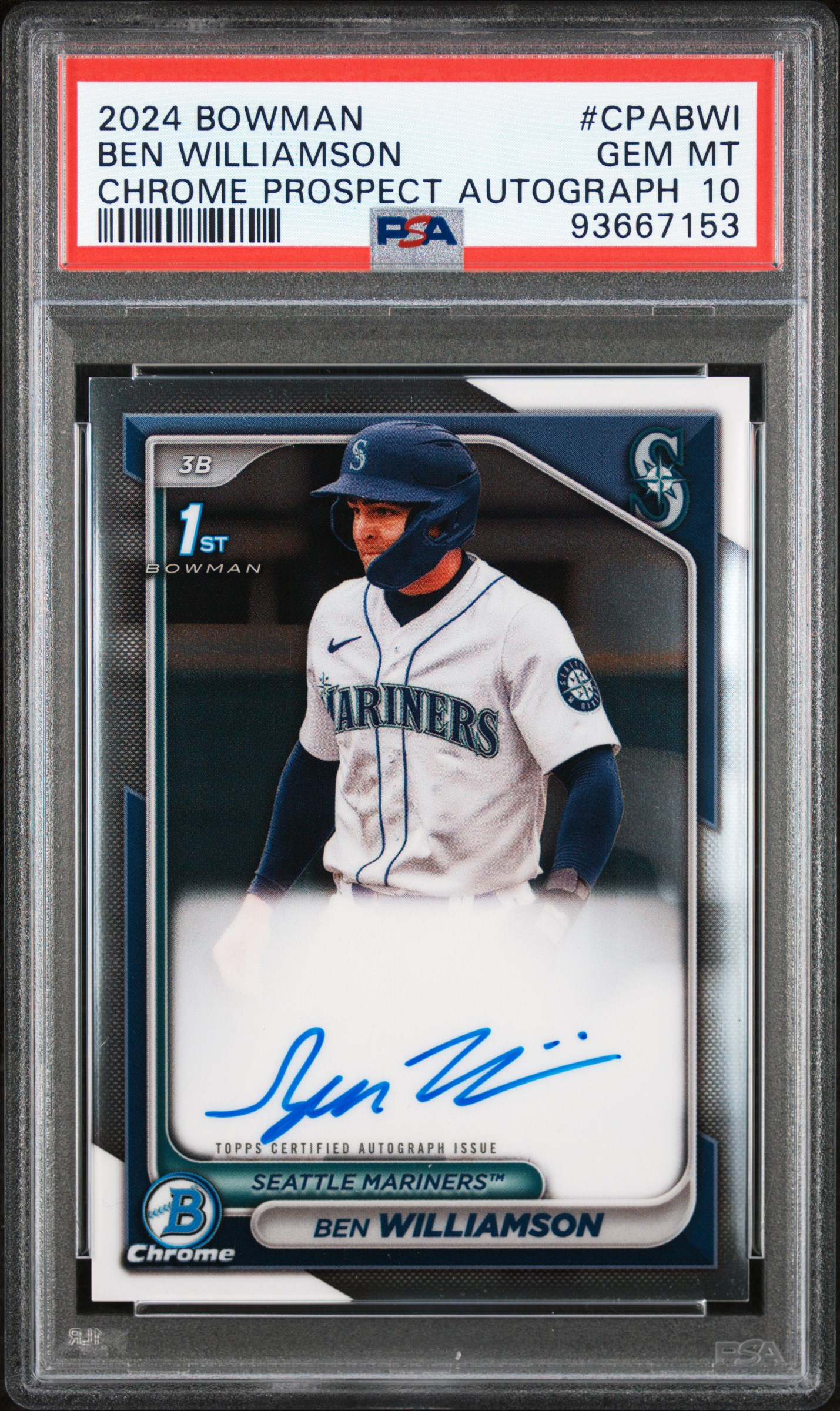 2024 Bowman Chrome Prospect Autographs Ben Williamson #Cpabwi Gem Mt 10 front