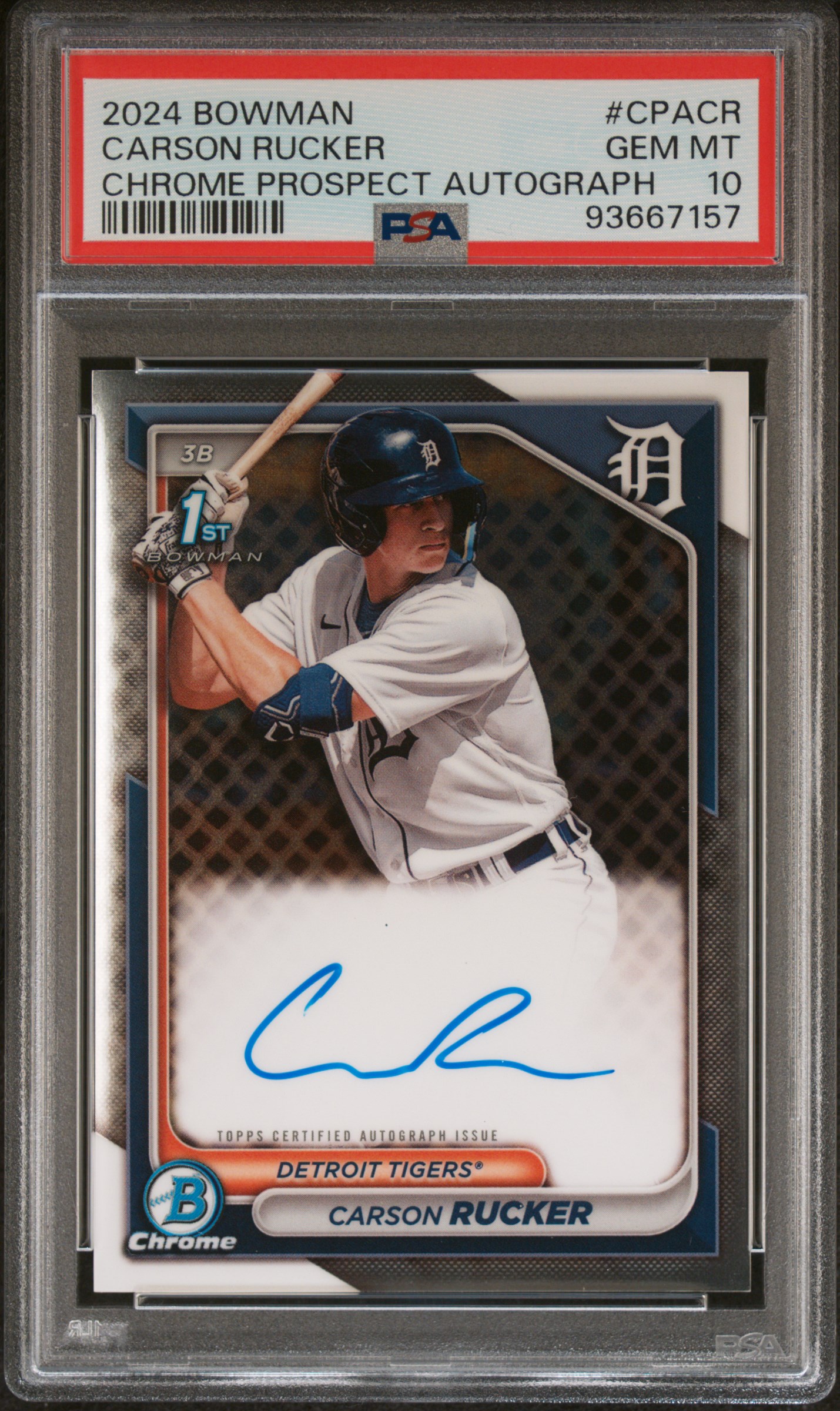 2024 Bowman Chrome Prospect Autographs Carson Rucker #Cpacr Gem Mt 10 front