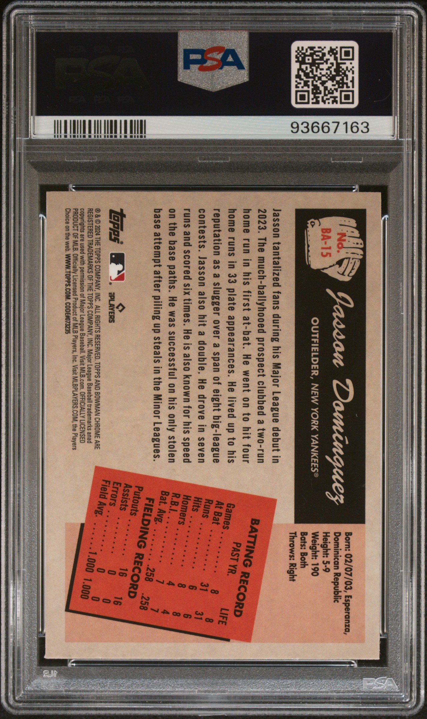 2024 Bowman 1955 Bowman Anime Jasson Dominguez #Ba15 Gem Mt 10 back