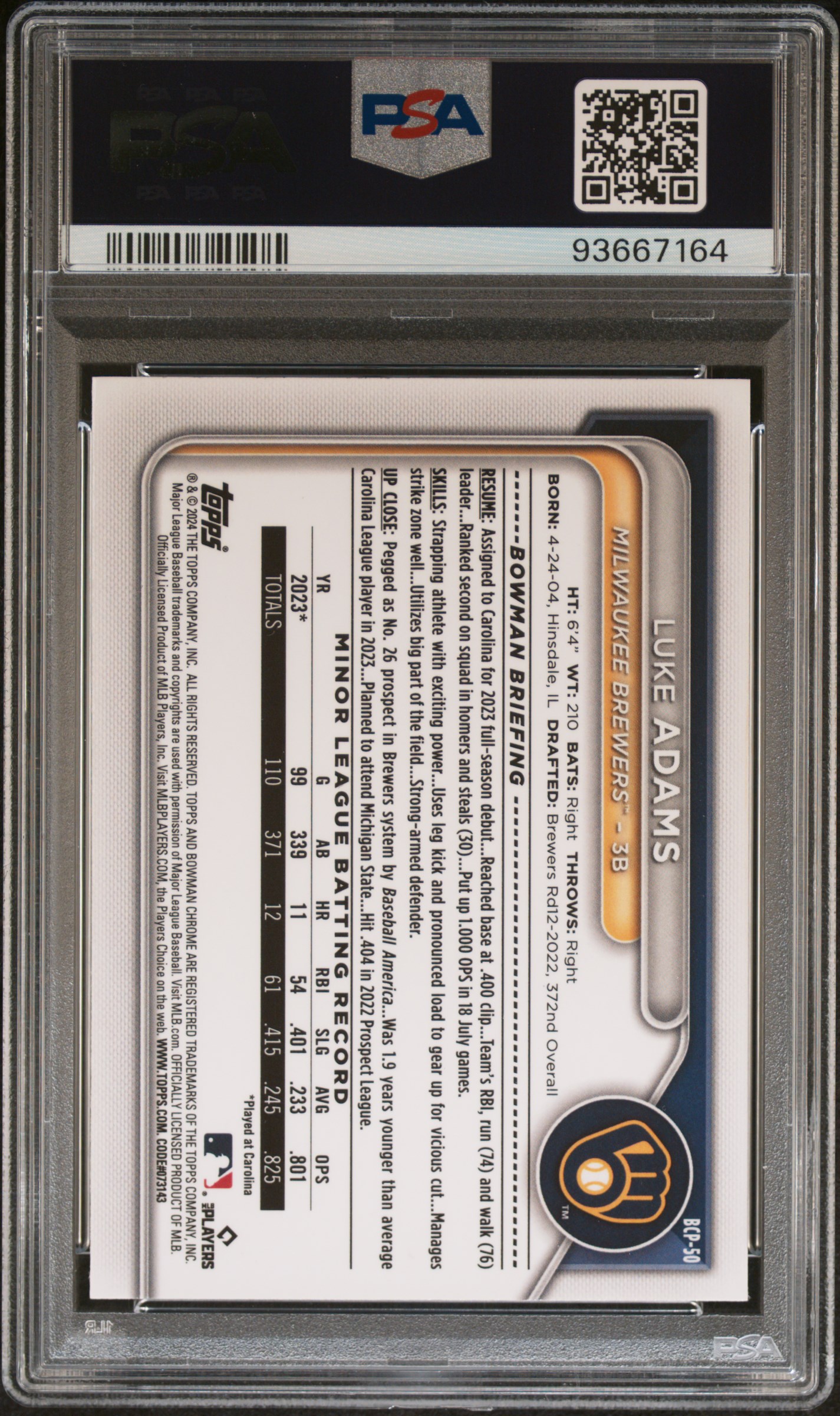 2024 Bowman Chrome Prospects Luke Adams #Bcp50 (Chr Prospects-Purple Ref) Gem Mt 10 back