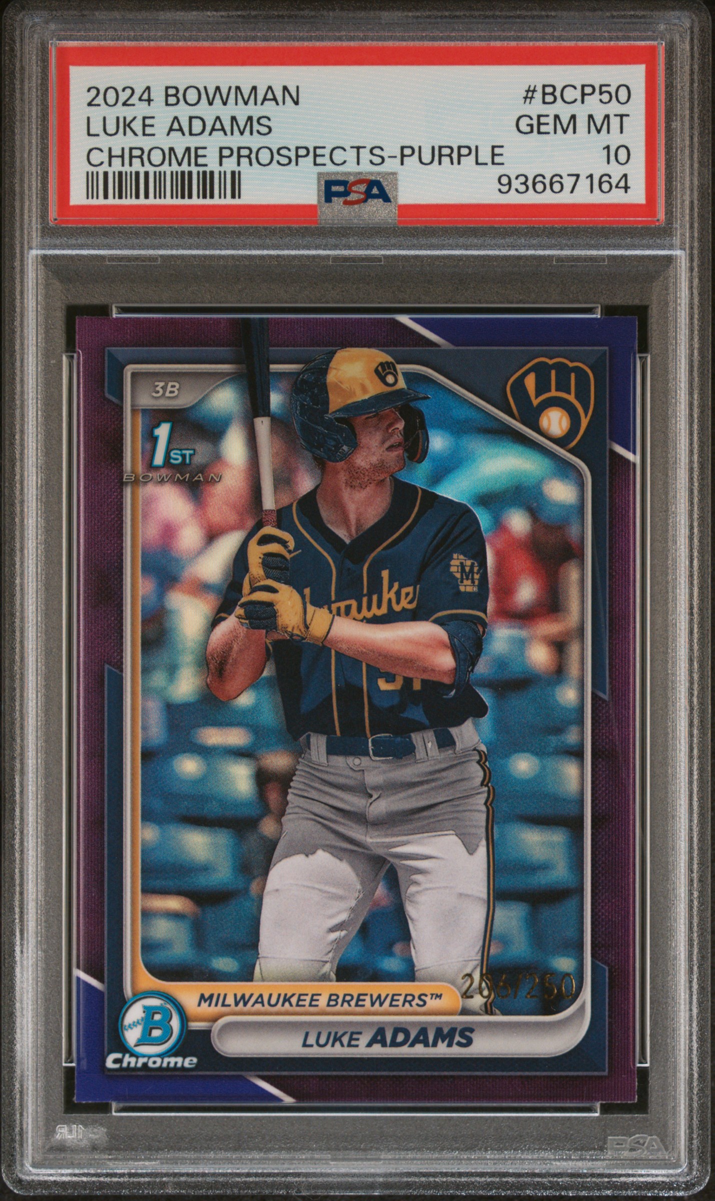 2024 Bowman Chrome Prospects Luke Adams #Bcp50 (Chr Prospects-Purple Ref) Gem Mt 10 front