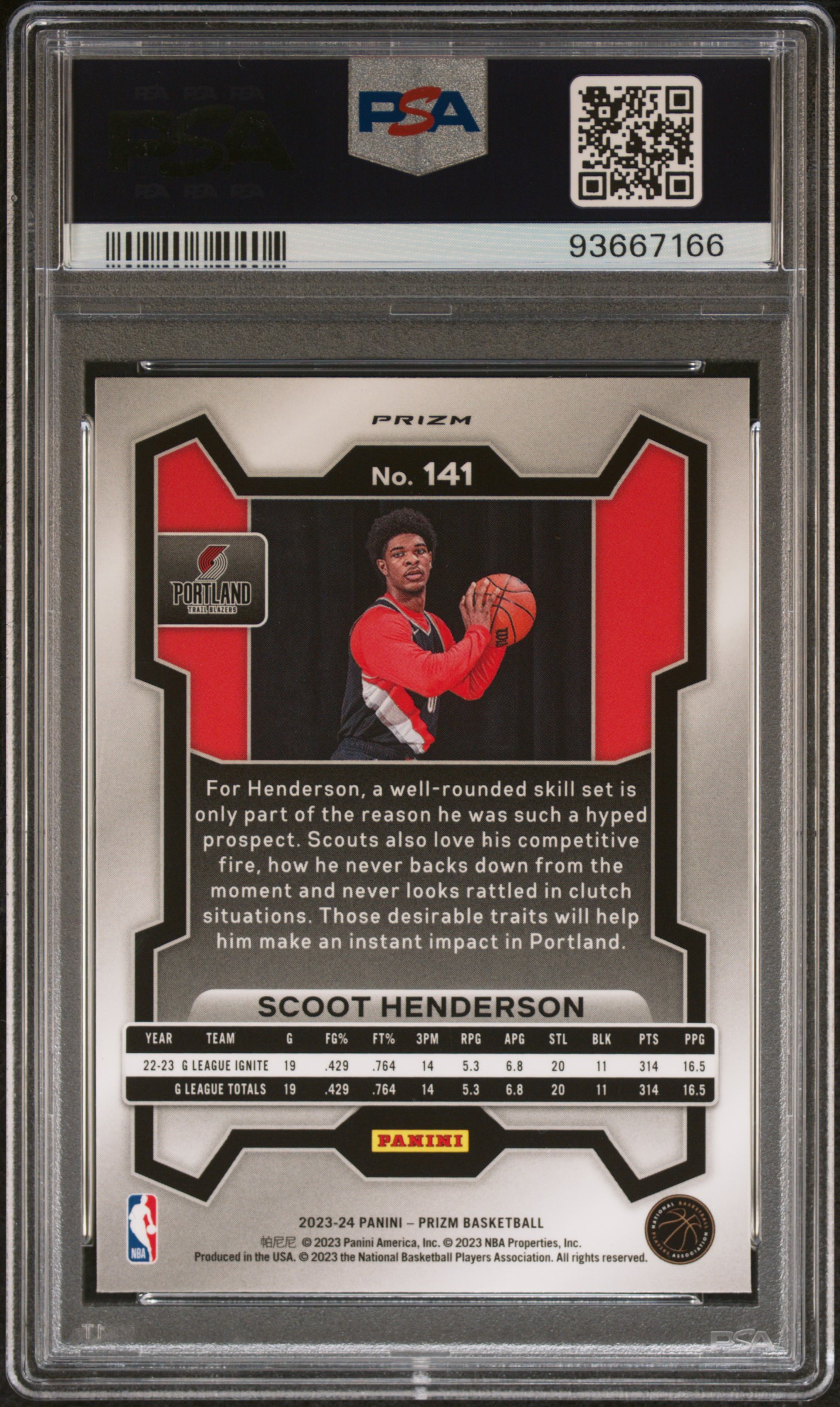 2023 Panini Prizm Scoot Henderson #141 (Orange Ice) Gem Mt 10 back