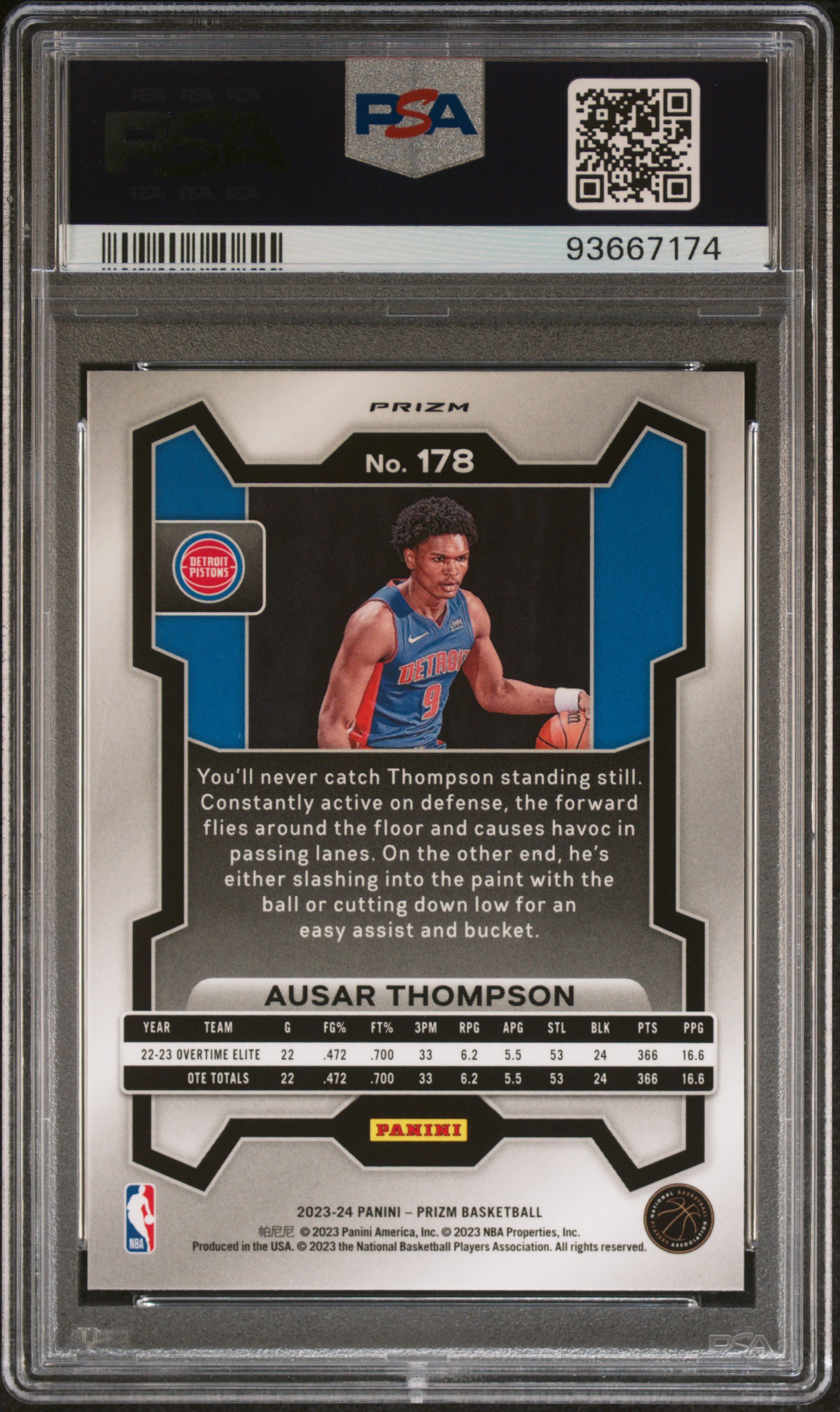2023 Panini Prizm Ausar Thompson #178 (Orange Ice) Gem Mt 10 back