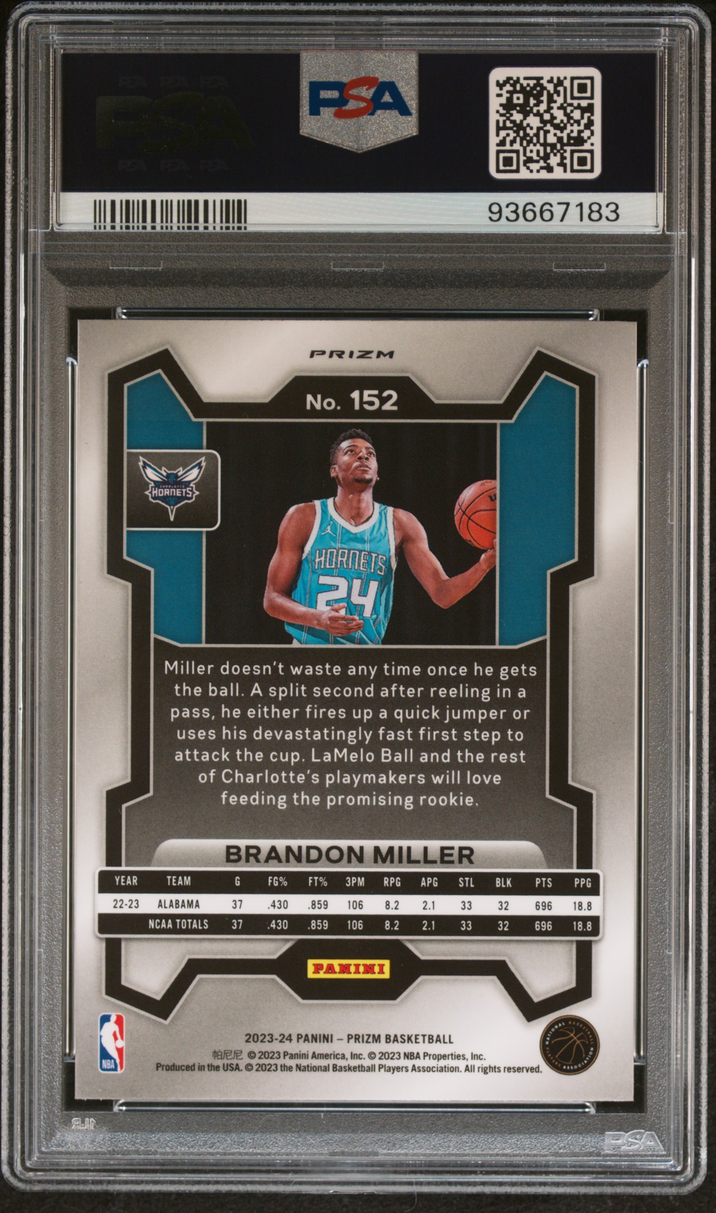 2023 Panini Prizm Brandon Miller #152 (Green Prizm) Gem Mt 10 back