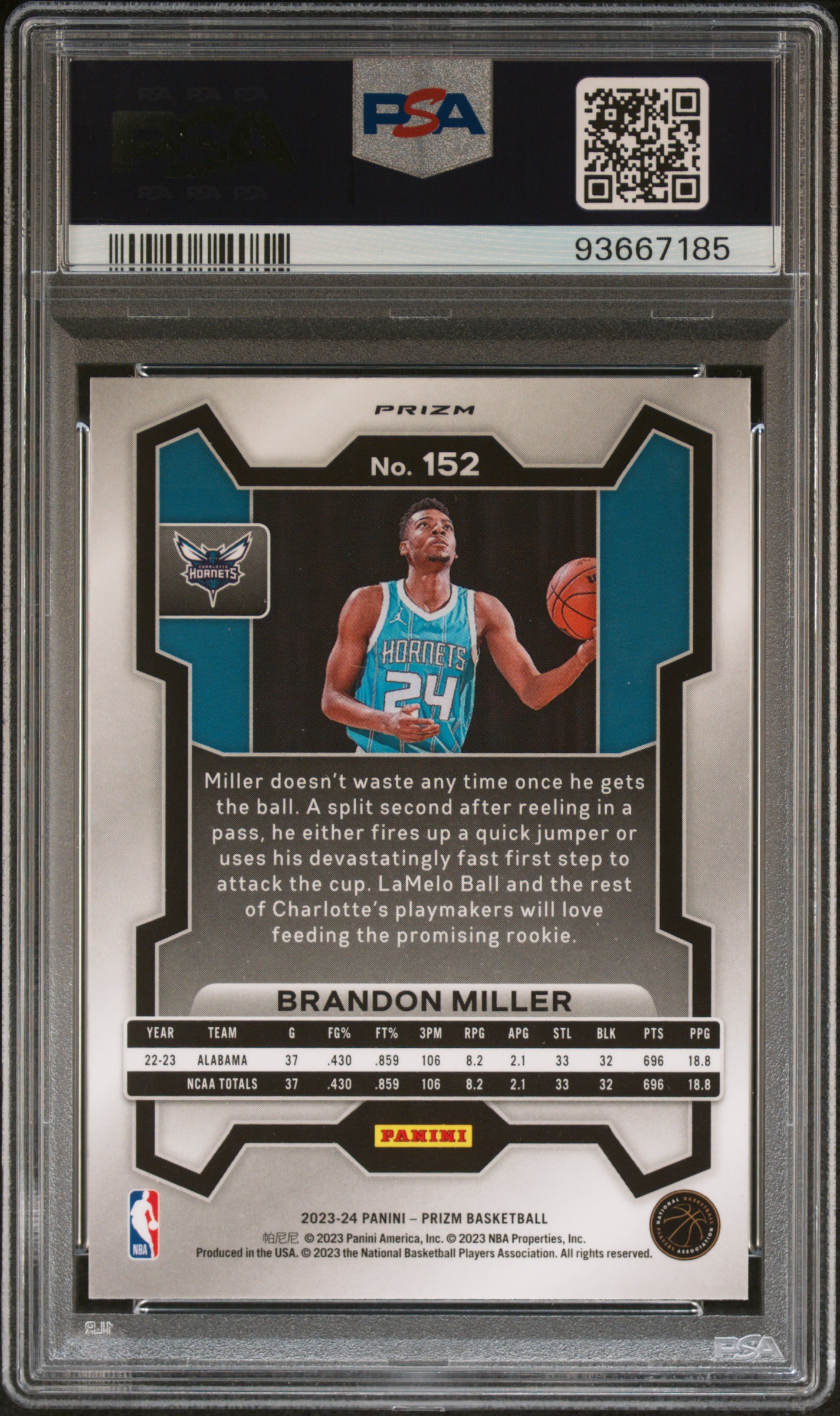 2023 Panini Prizm Brandon Miller #152 (Red White Blue) Gem Mt 10 back