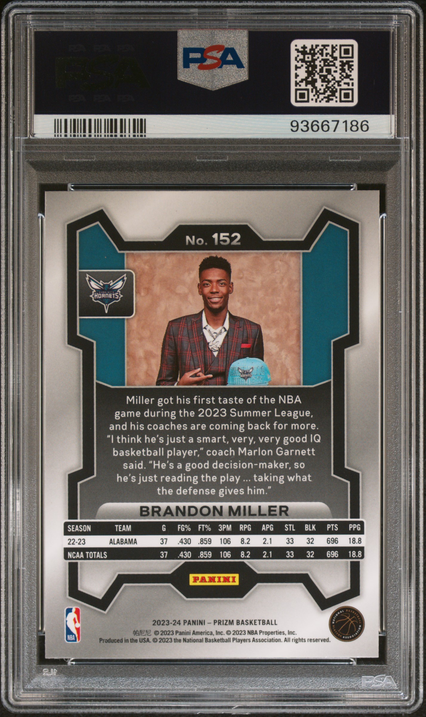 2023 Panini Prizm Brandon Miller #152 (Variation) Gem Mt 10 back