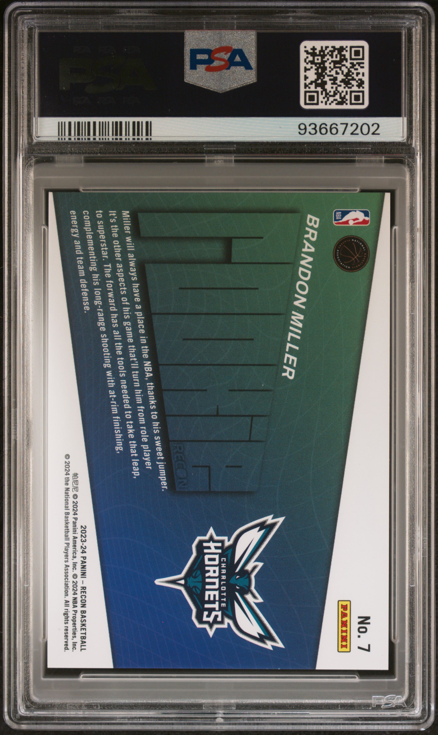 2023 Panini Recon Rookie Recon Brandon Miller #7 Gem Mt 10 back