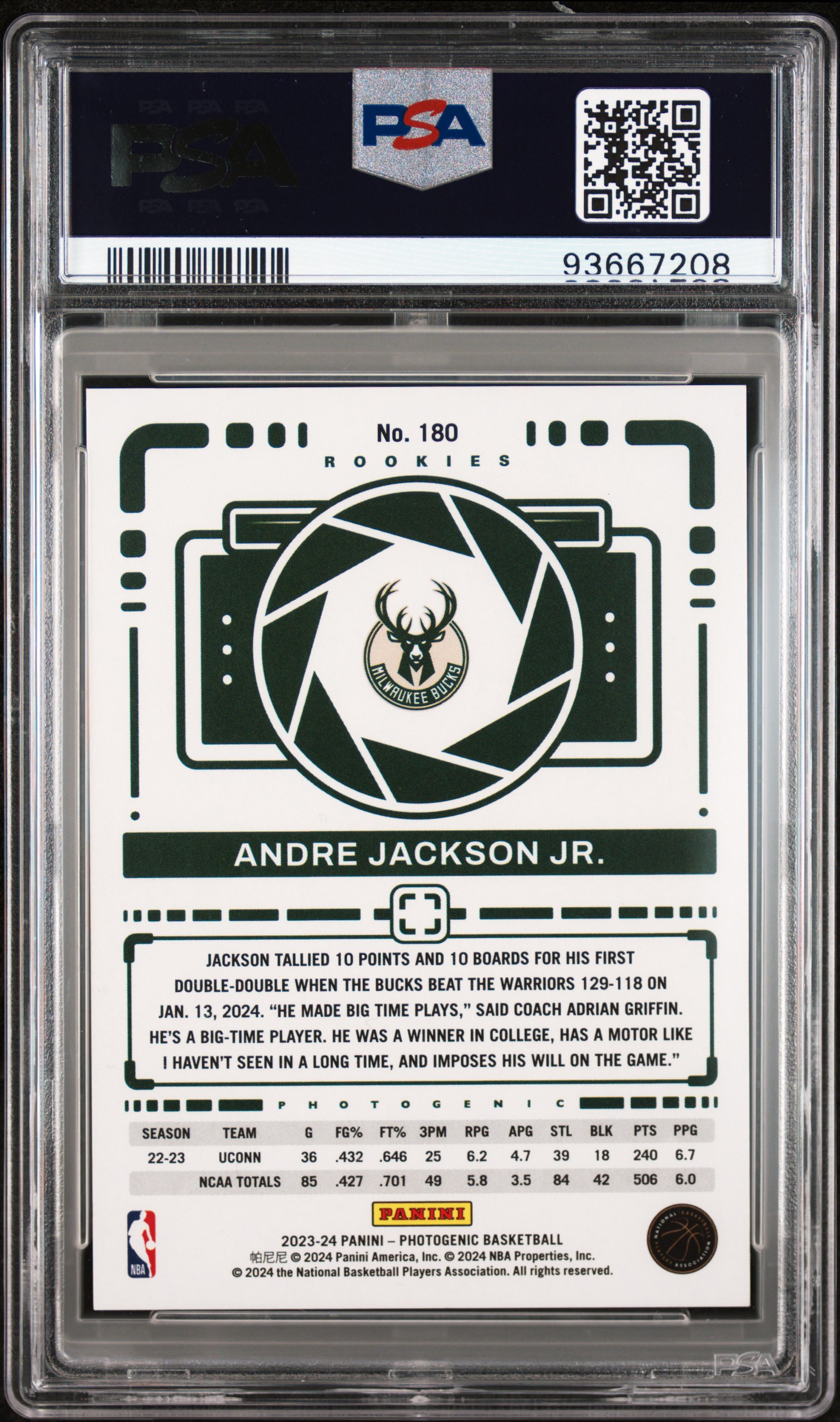 2023 Panini Photogenic Andre Jackson Jr. #180 (Silver) Gem Mt 10 back