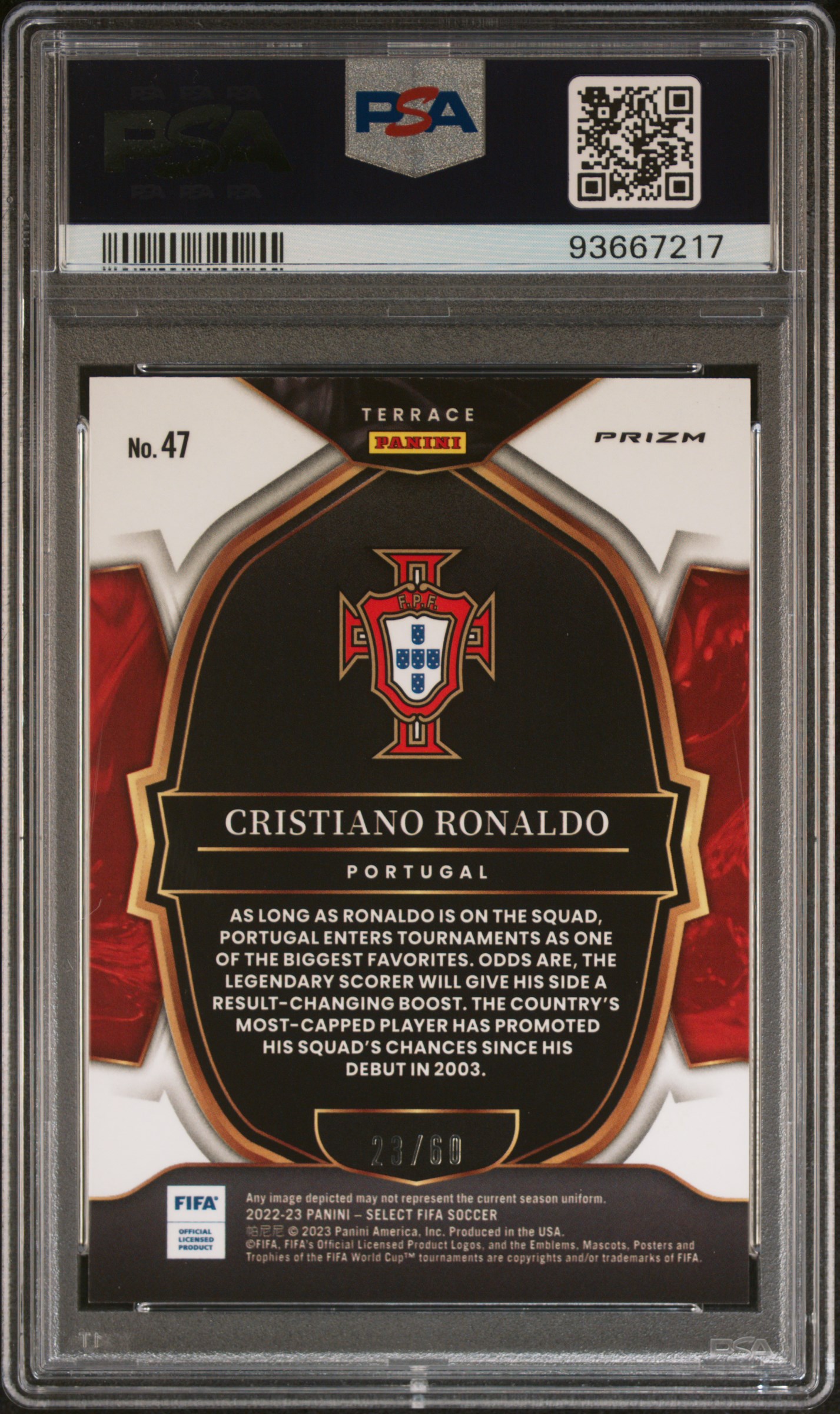 2022 Panini Select Fifa Cristiano Ronaldo #47 (Orange) Gem Mt 10 back