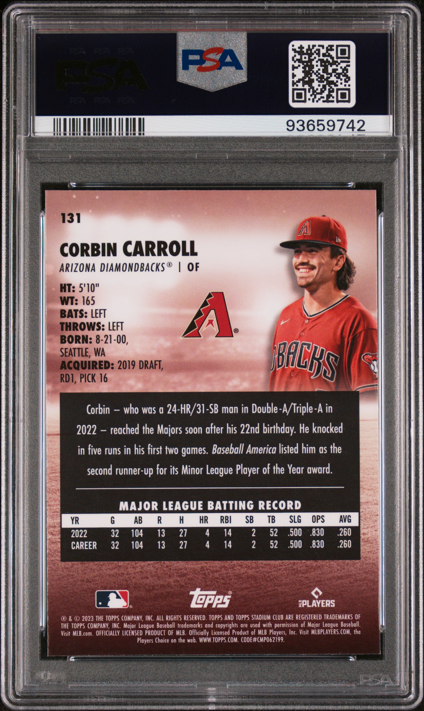 2023 Topps Stadium Club Corbin Carroll #131 (Chrome) Mint 9 back