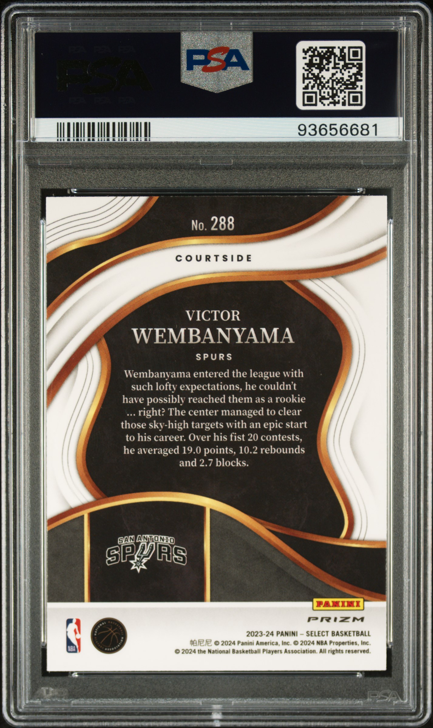 2023 Panini Select Victor Wembanyama #288 (Green/White/Purple Prizm) Gem Mt 10 back