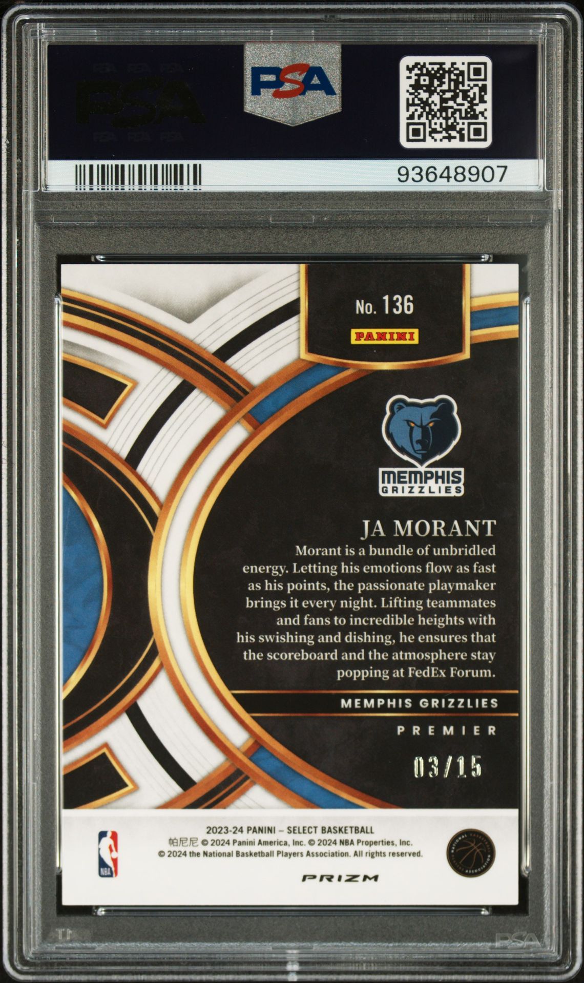 2023 Panini Select Ja Morant #136 (Neon Orange Pulsar Fotl) Gem Mt 10 back