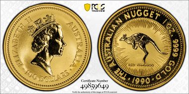 1990 $100 Red Kangaroo-Nugget Au MS69