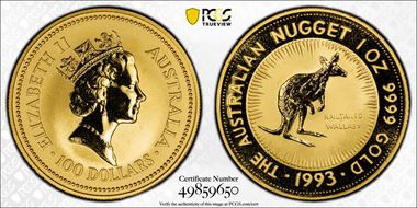 1993 $100 Nailtail Wallaby-Nugget Au MS69