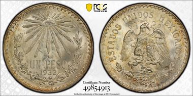 1932-M Peso KM-455  Ag Open 9 MS65