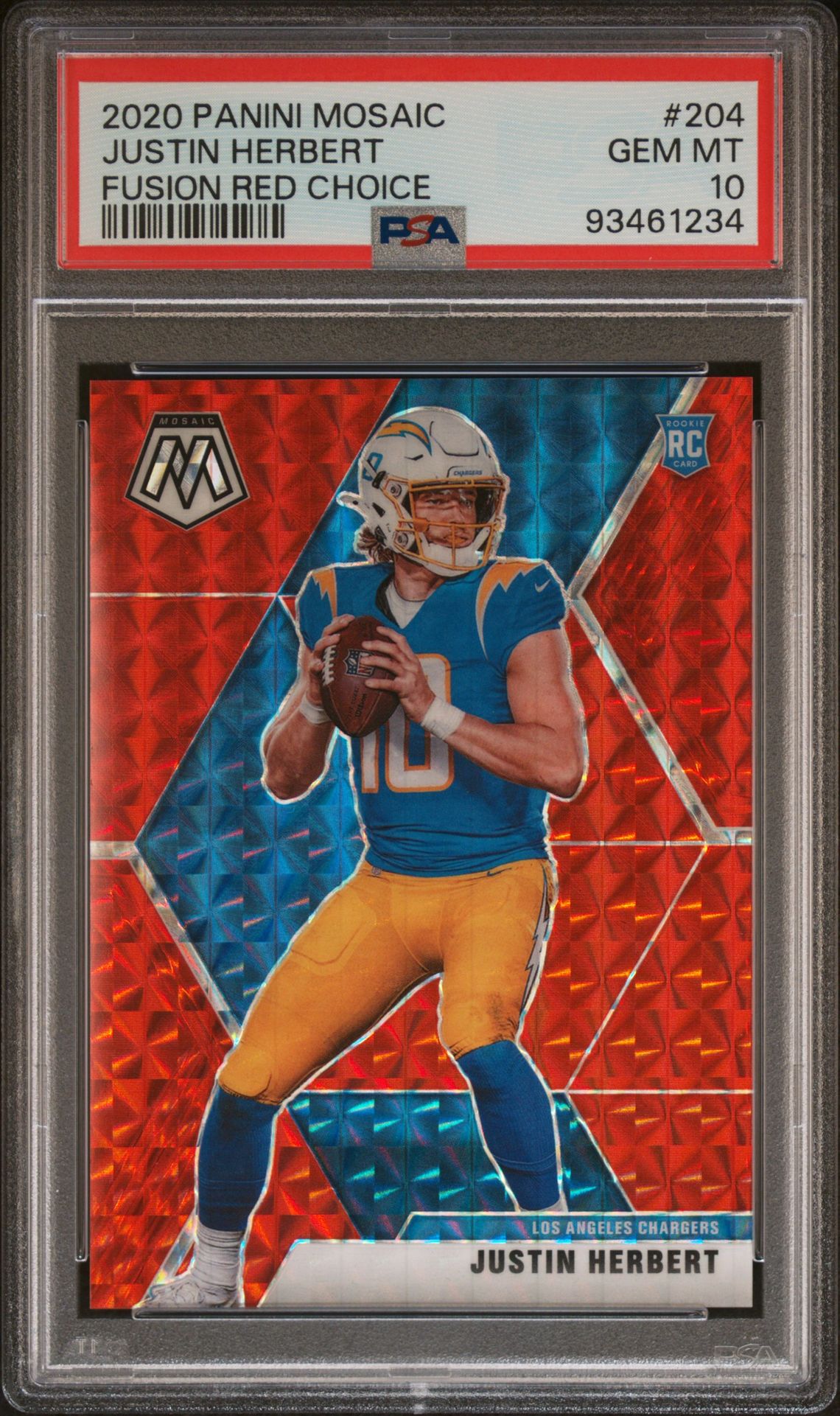 2020 Panini Mosaic Justin Herbert #204 (Fusion Red Choice) Gem Mt 10 front view - PSA graded GEM MT 10