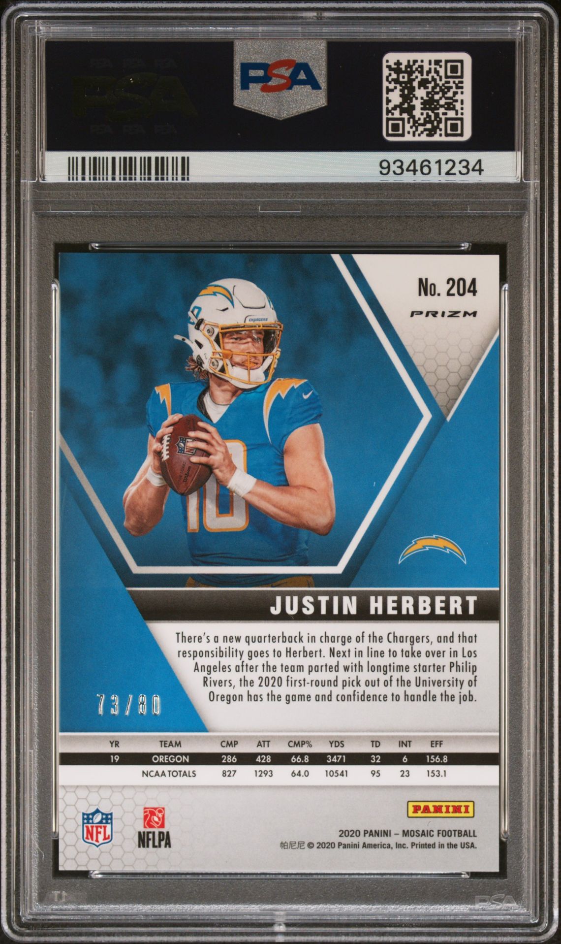 2020 Panini Mosaic Justin Herbert #204 (Fusion Red Choice) Gem Mt 10 back view - PSA certificate #93461234