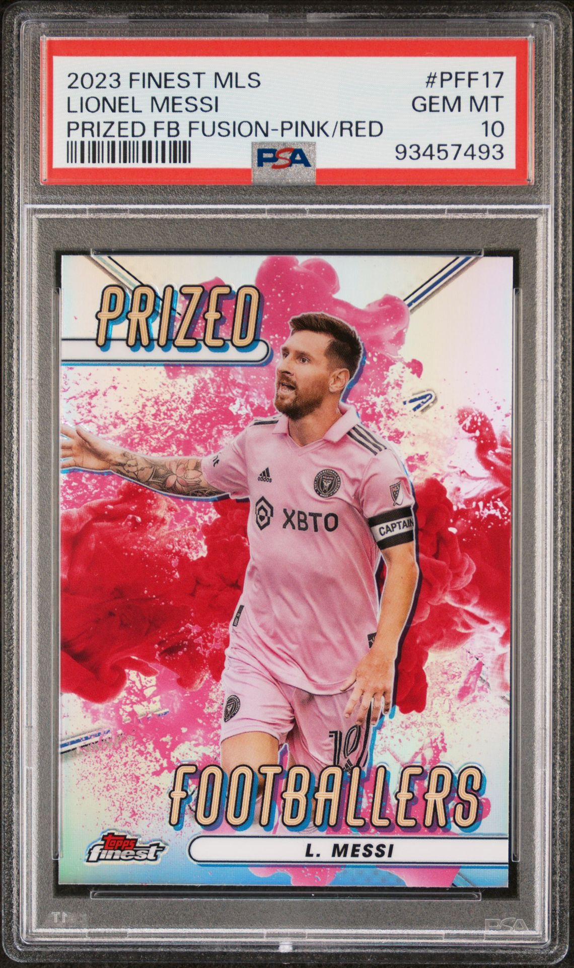 2023 Topps Finest Mls Prized Footballers Fusion Lionel Messi #Pff17 (Prized Fb Fusion-Pink/Red) Gem Mt 10 front