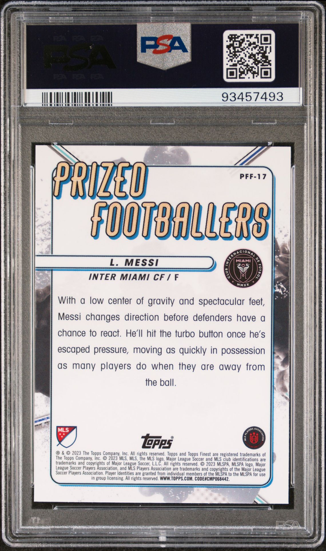 2023 Topps Finest Mls Prized Footballers Fusion Lionel Messi #Pff17 (Prized Fb Fusion-Pink/Red) Gem Mt 10 back