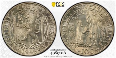 1948 100 Kor Charles University KM-26 Ag MS67