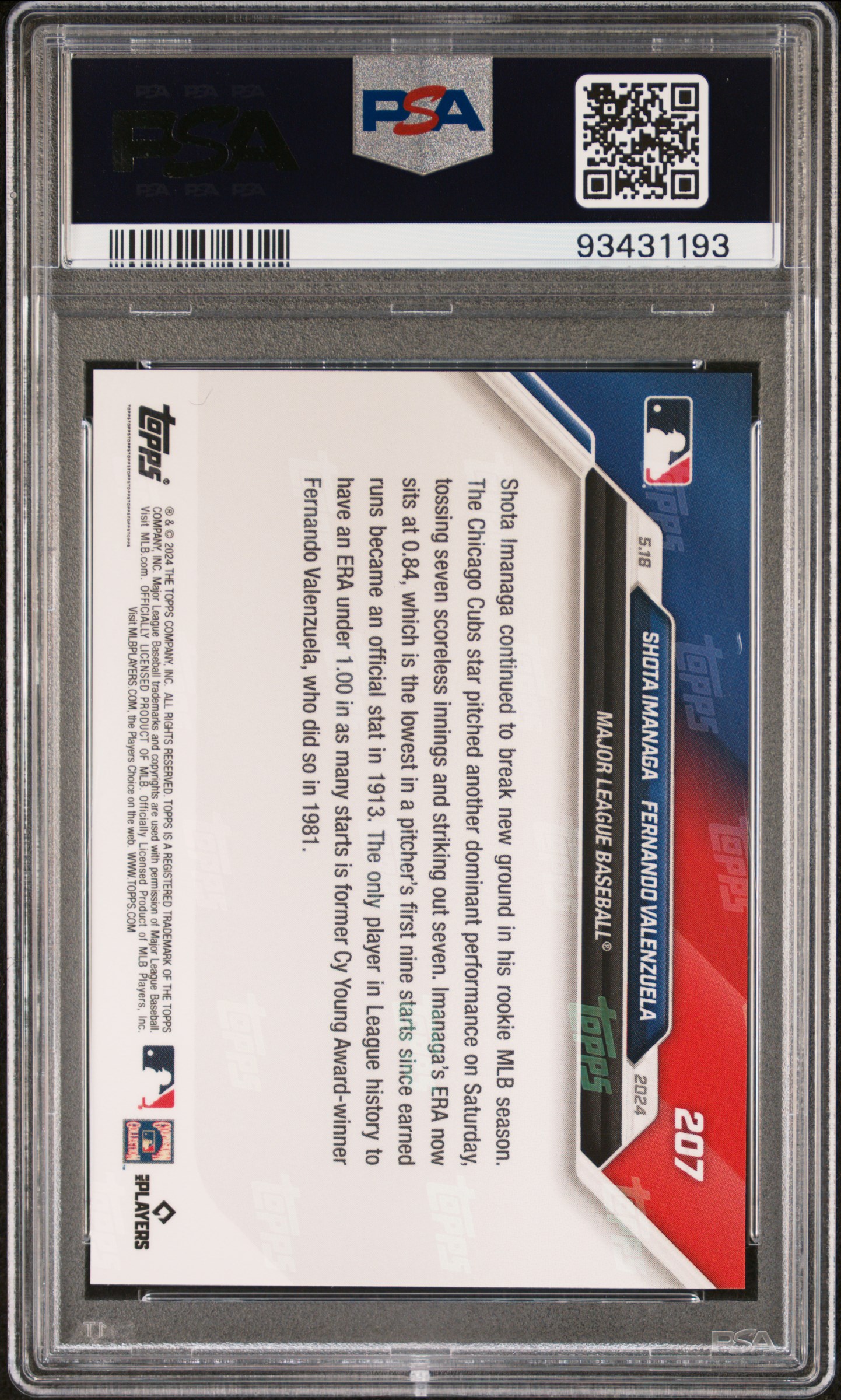 2024 Topps Now Imanaga/Valenzuela #207 Gem Mt 10 back