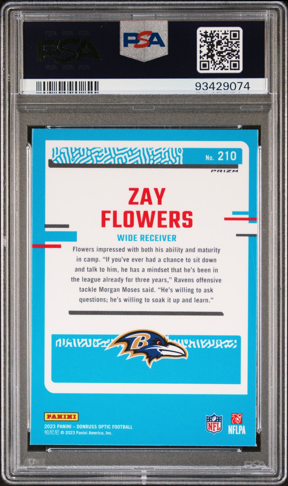 2023 Panini Donruss Optic Zay Flowers #210 (Purple Shock) Gem Mt 10 back