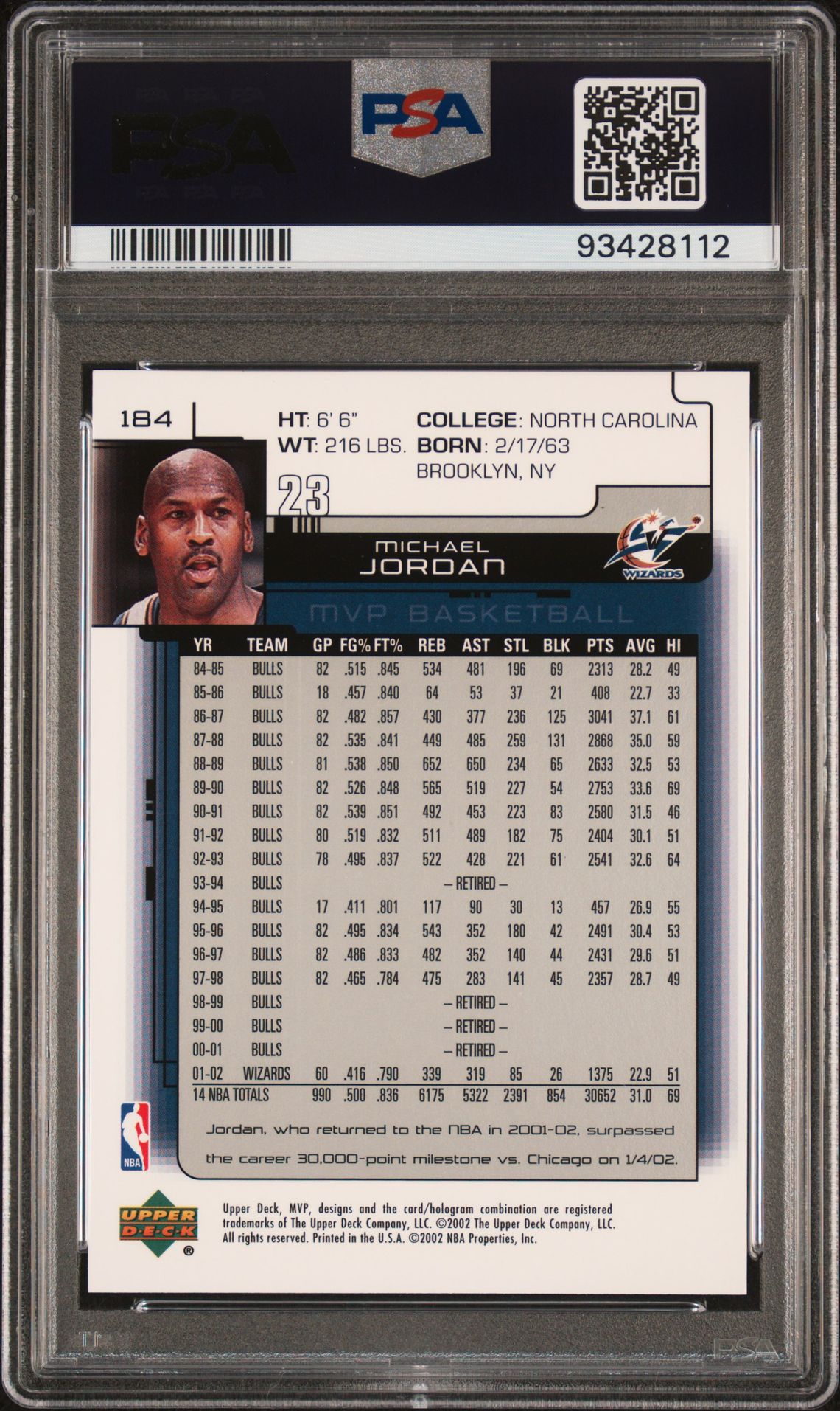 2002 Upper Deck Mvp Michael Jordan #184 Gem Mt 10 back
