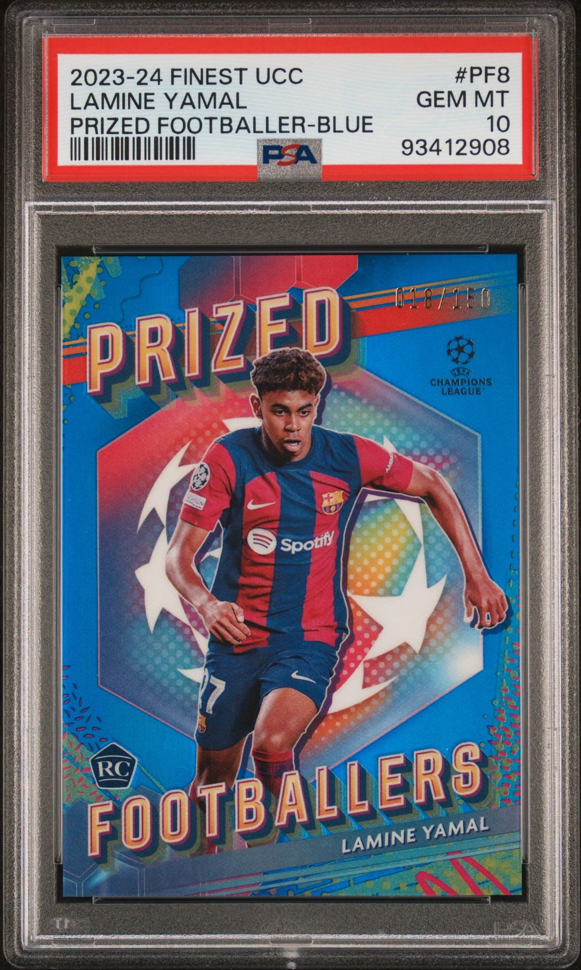 2023-24 Topps TOPPS FINEST UEFA CLUB COMPETITIONS PRIZED FOOTBALLERS BLUE REF #PF8 Lamine Yamal front
