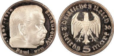 1936-A 5 Mk No Swastika J-360 PR67CAM