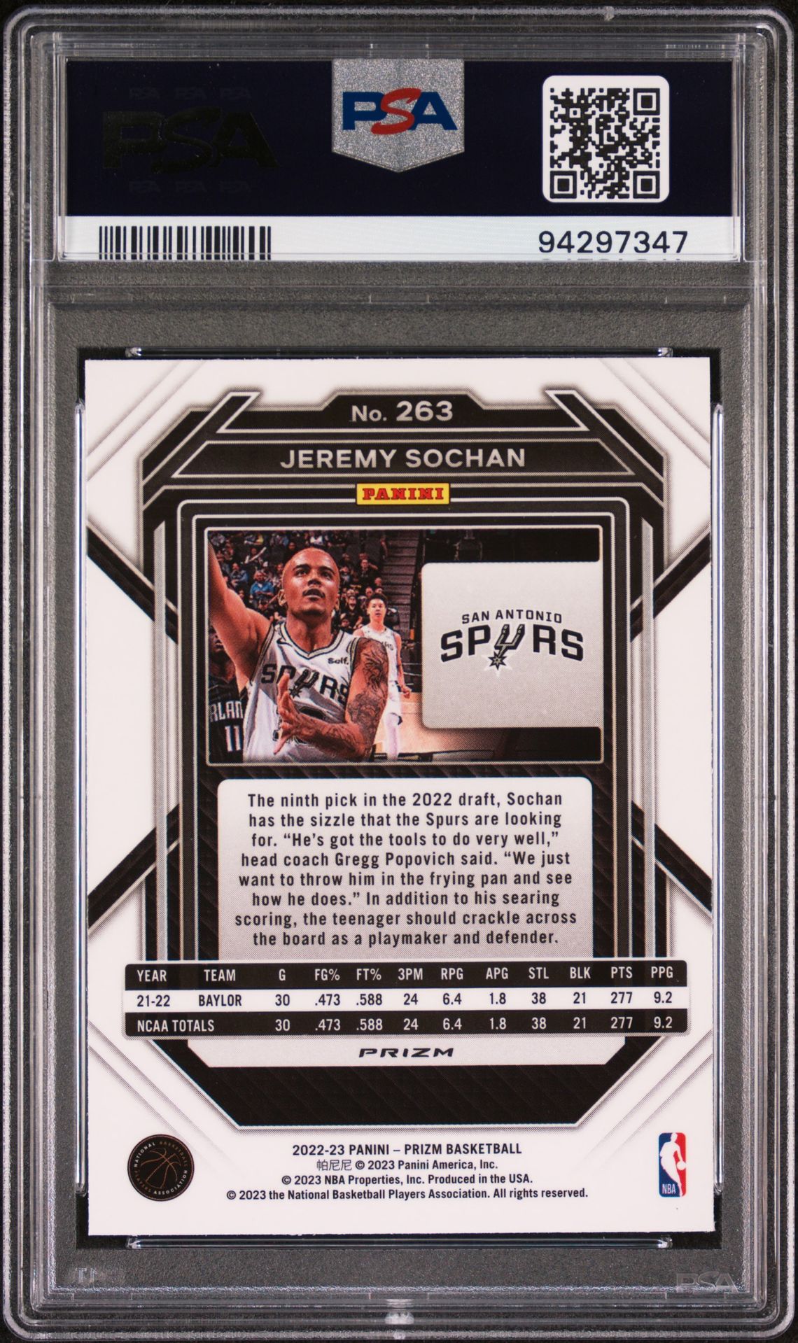 2022 Panini Prizm Jeremy Sochan #263 (Silver Prizm) Gem Mt 10 back